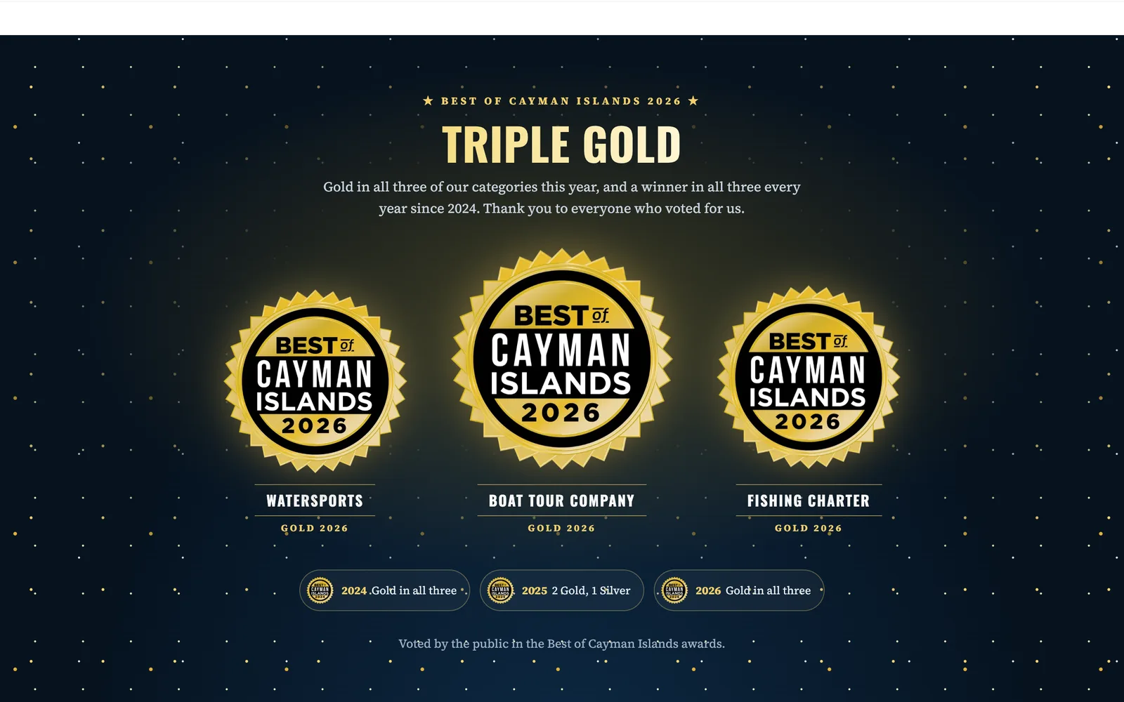 The awards band of the same watersports website: three gold badges on a navy night sky