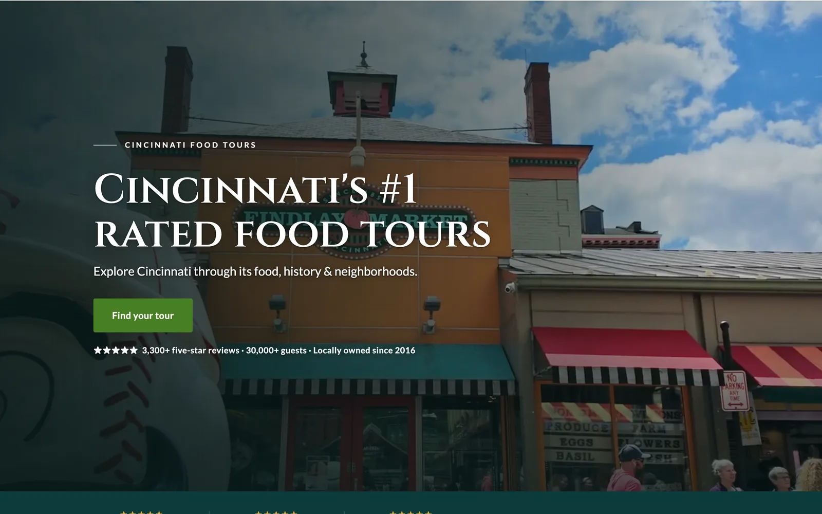 Home page of a food tour website on a laptop: a bakery storefront with red awnings, a serif headline and a green button