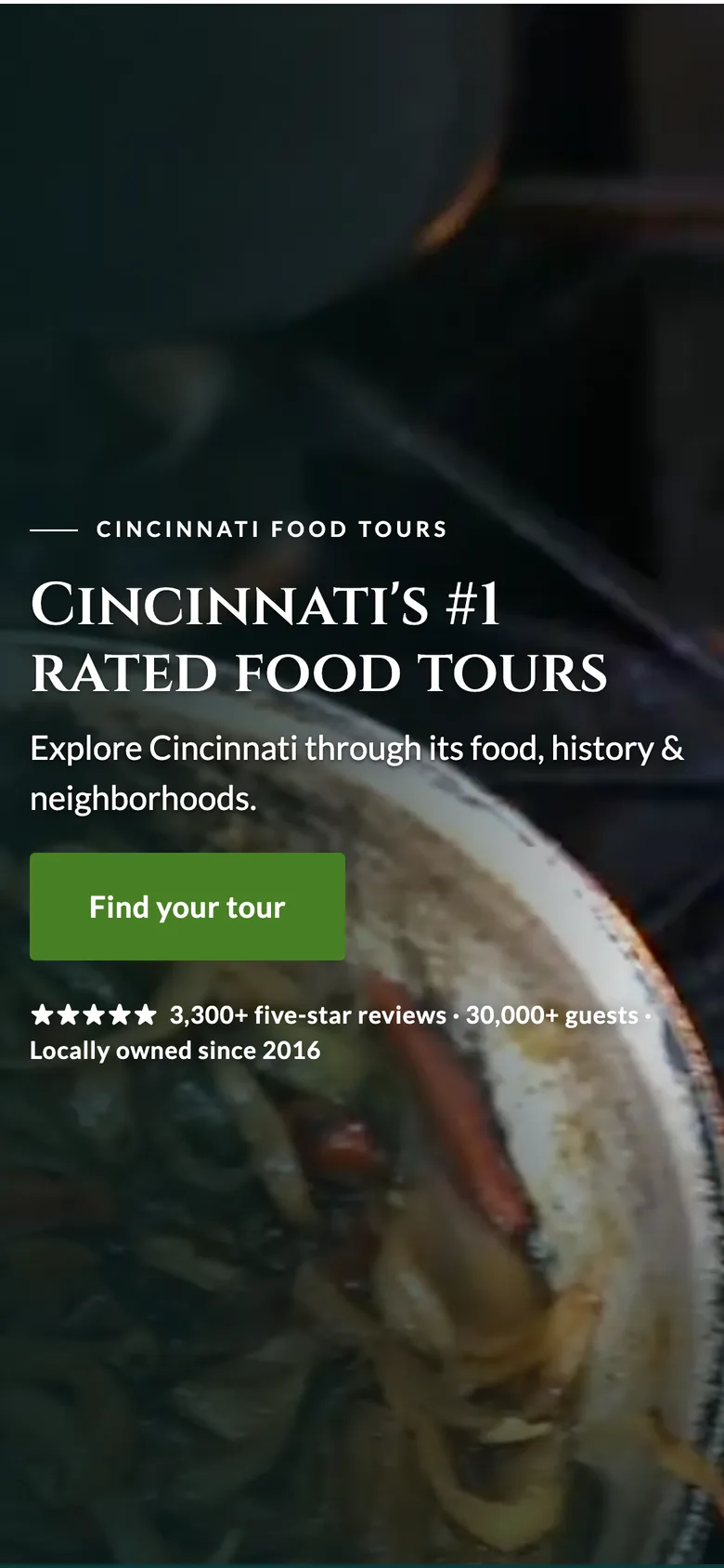 The same food tour home page in its phone layout