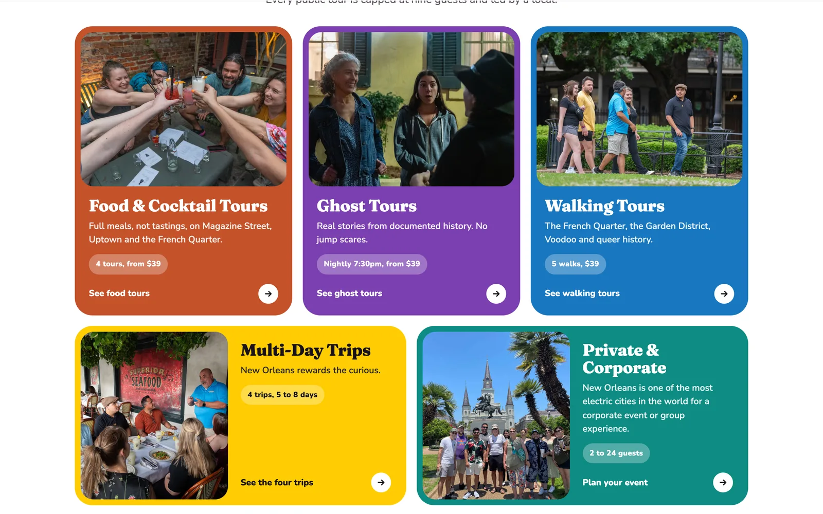 Five rounded tour type cards on the same city tour website, each in its own color