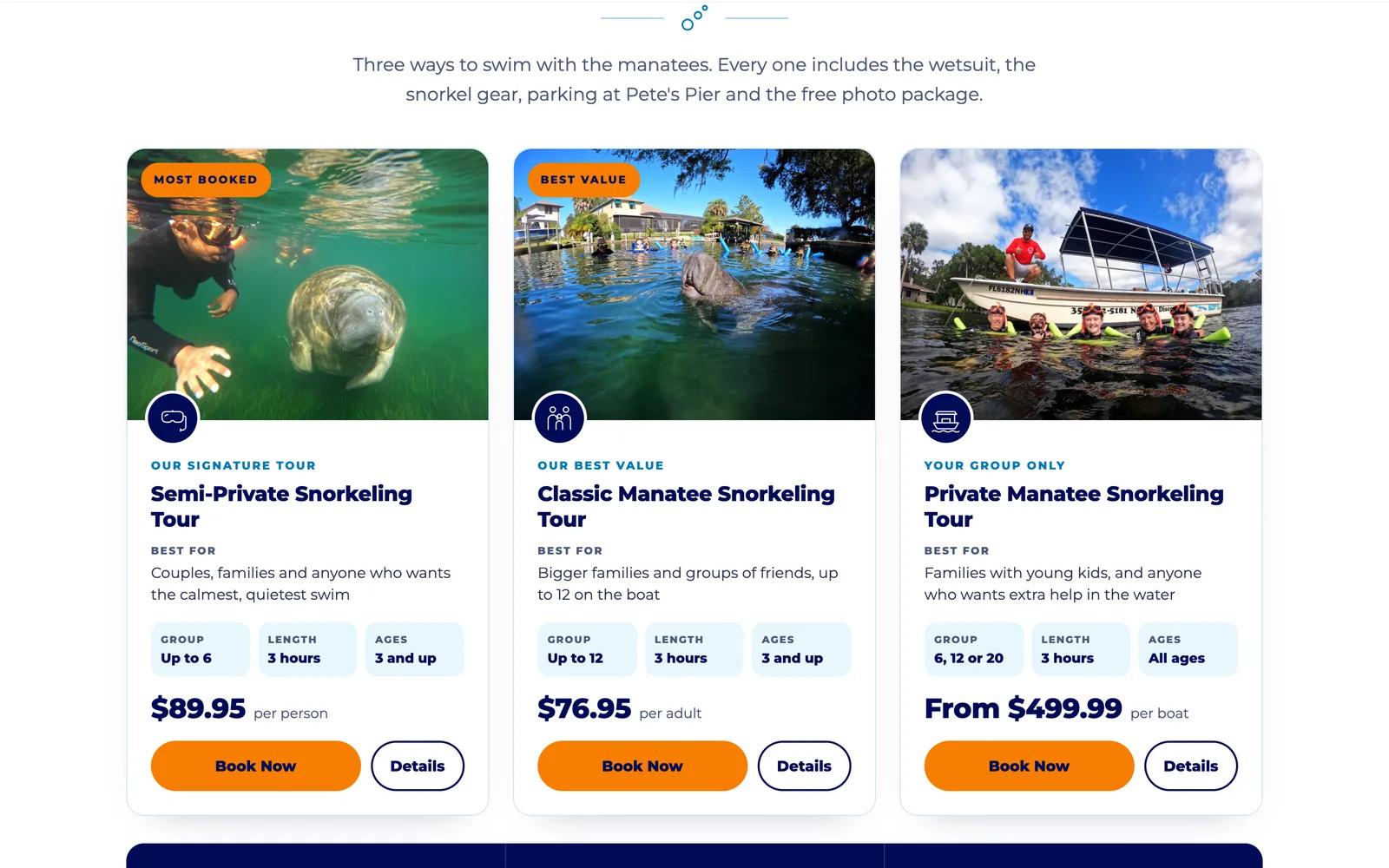 Three tour cards on the same manatee swim website, each showing price, group size, length and ages, with orange Book now buttons