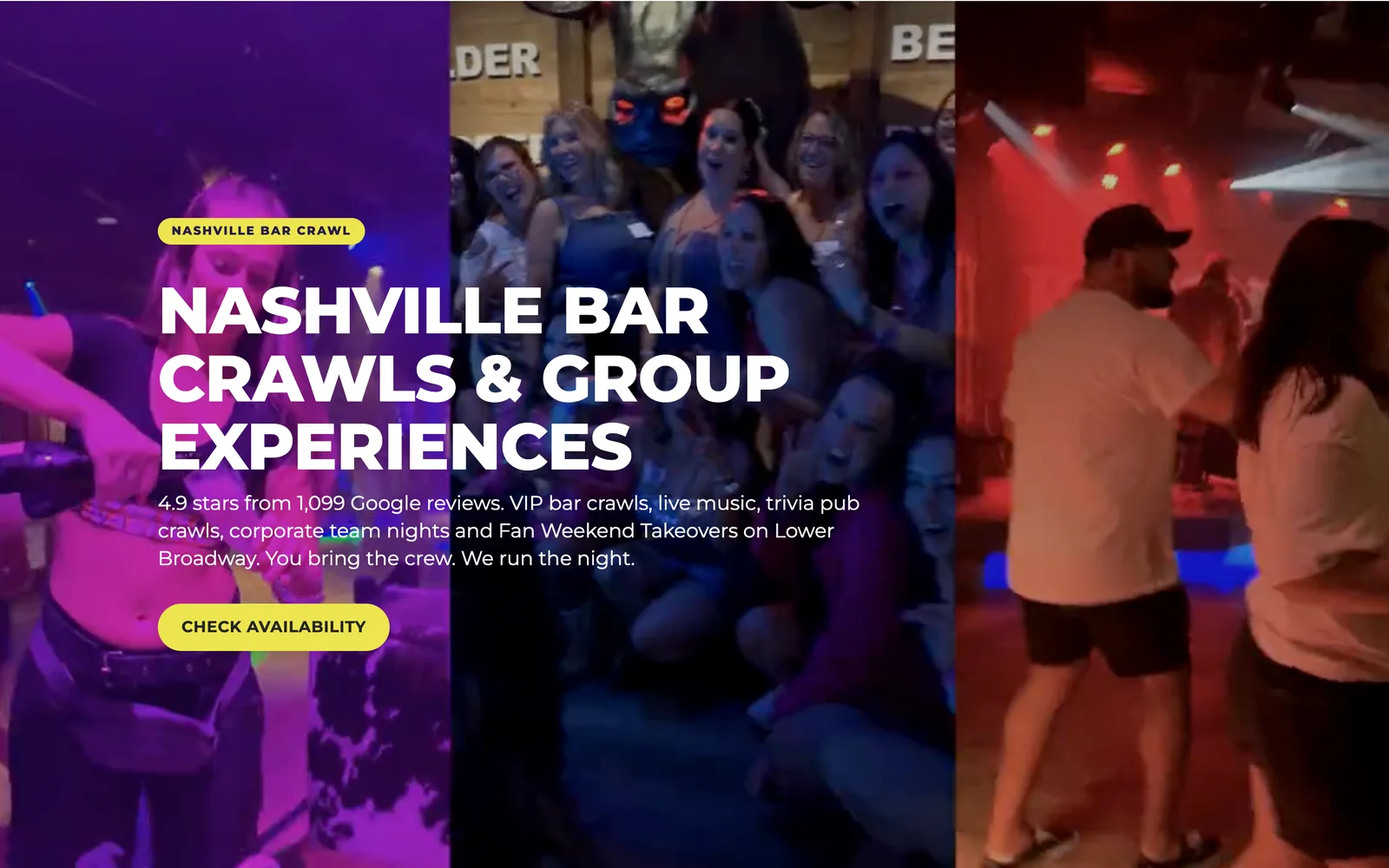 Home page of a bar crawl website on a laptop: a dance floor in purple light, heavy white capitals and a yellow button