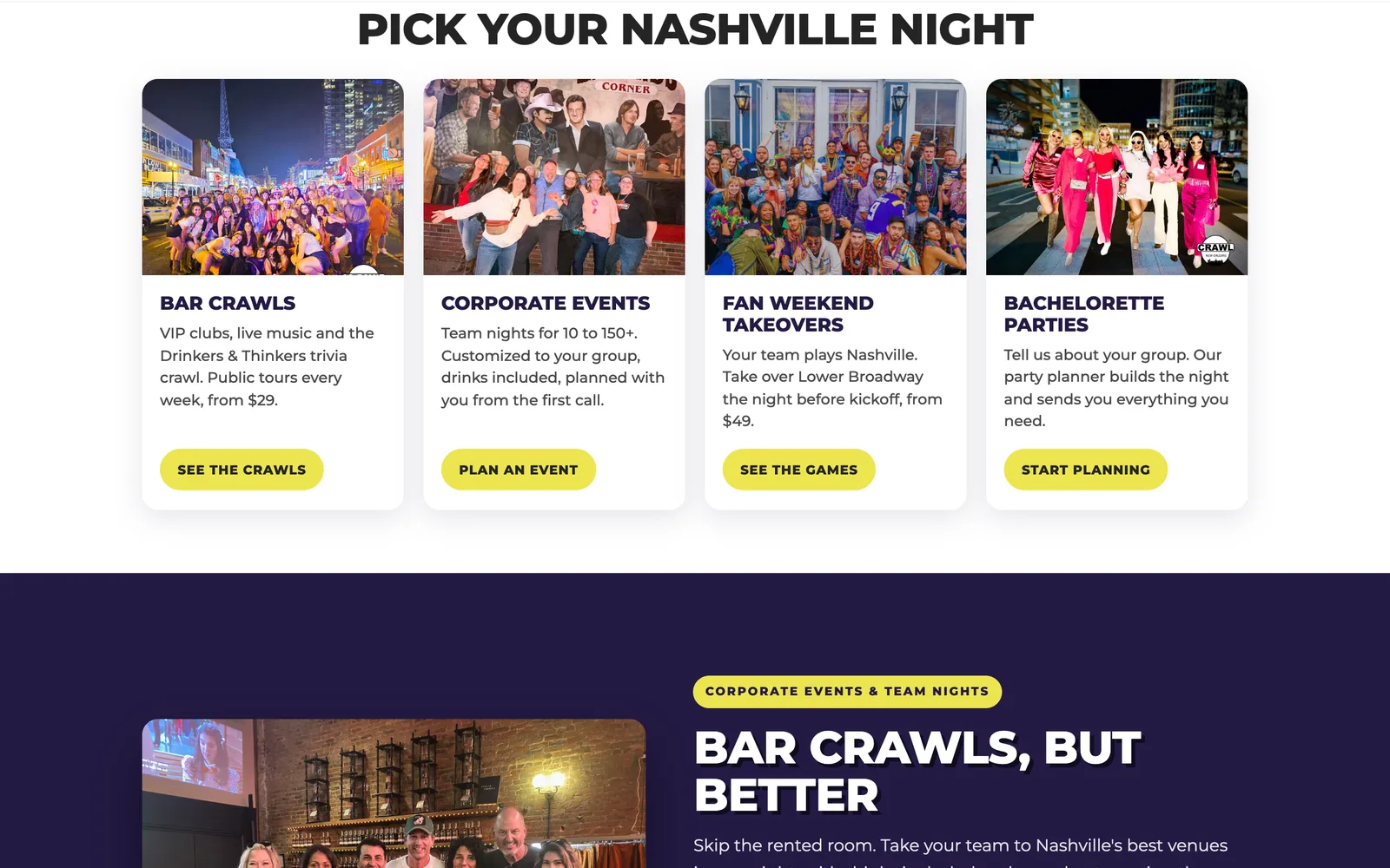 Four photo doors to pick your night on the same bar crawl website, with yellow buttons above a purple band