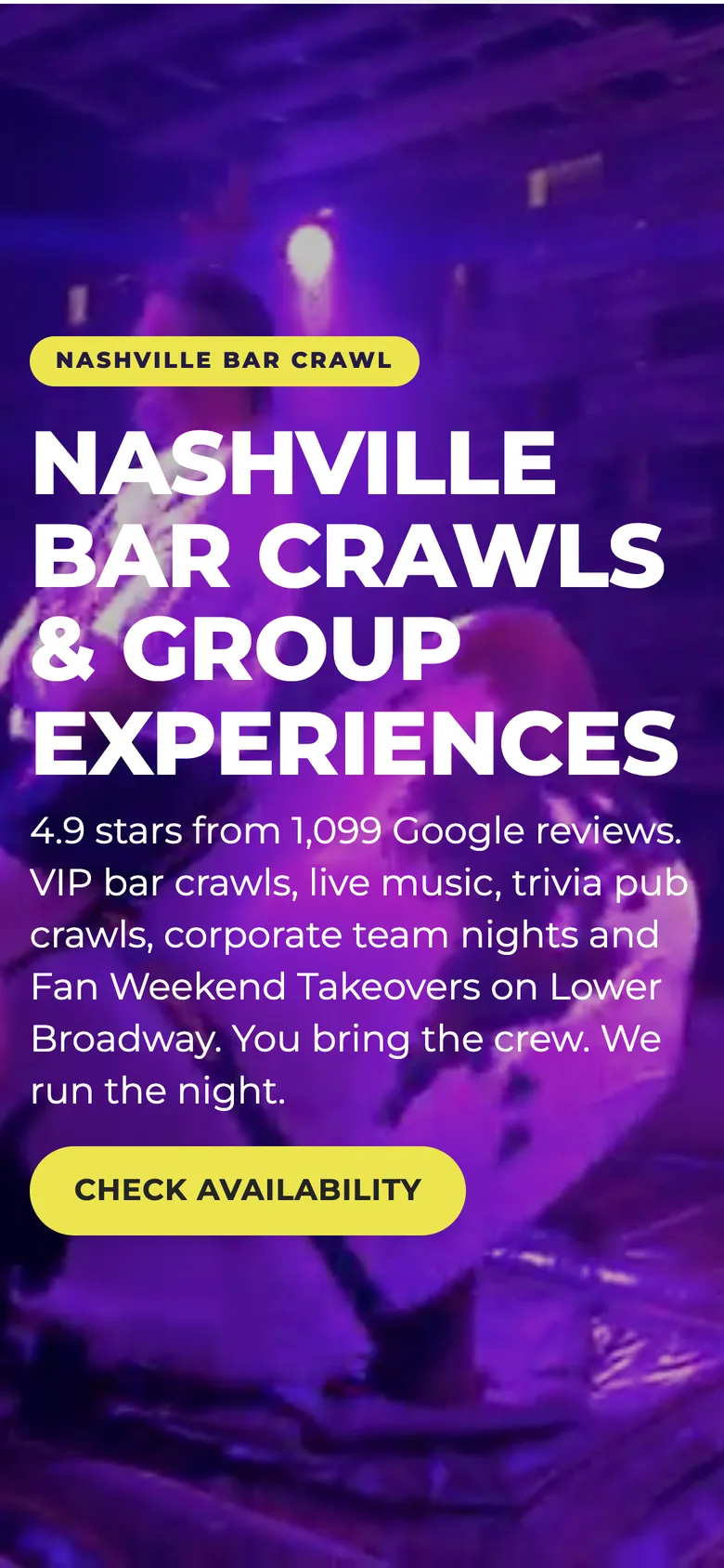 The same bar crawl home page in its phone layout