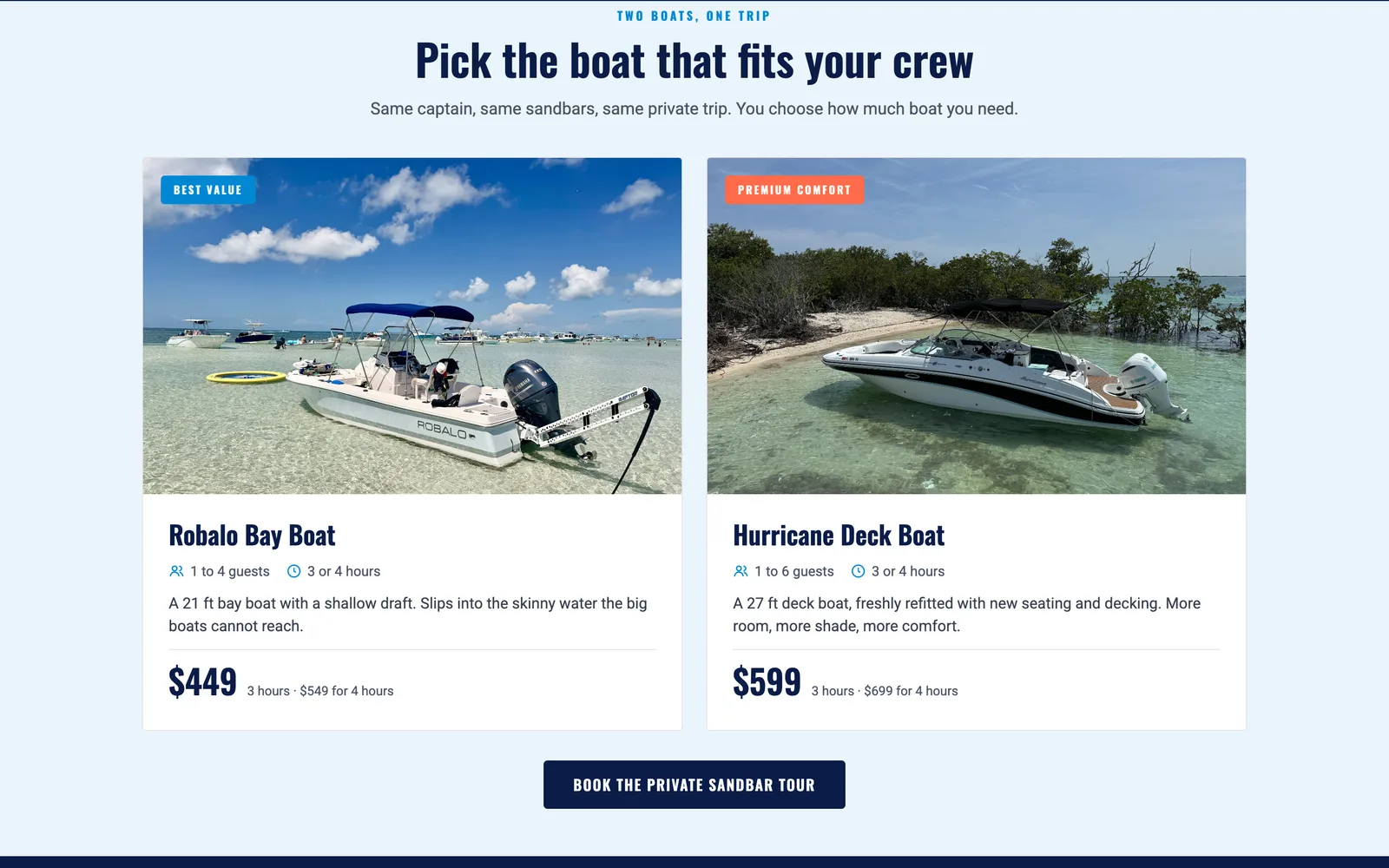 The boat picker on the same boat trip website: two boats, each with price and group size, and a navy button