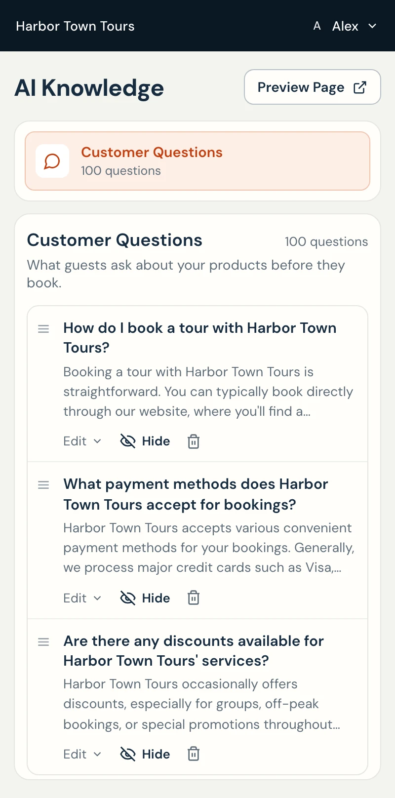 The AI Knowledge page in the Gondola dashboard (operator name hidden): the Customer Questions section with its first answers and their Edit, Hide and delete controls
