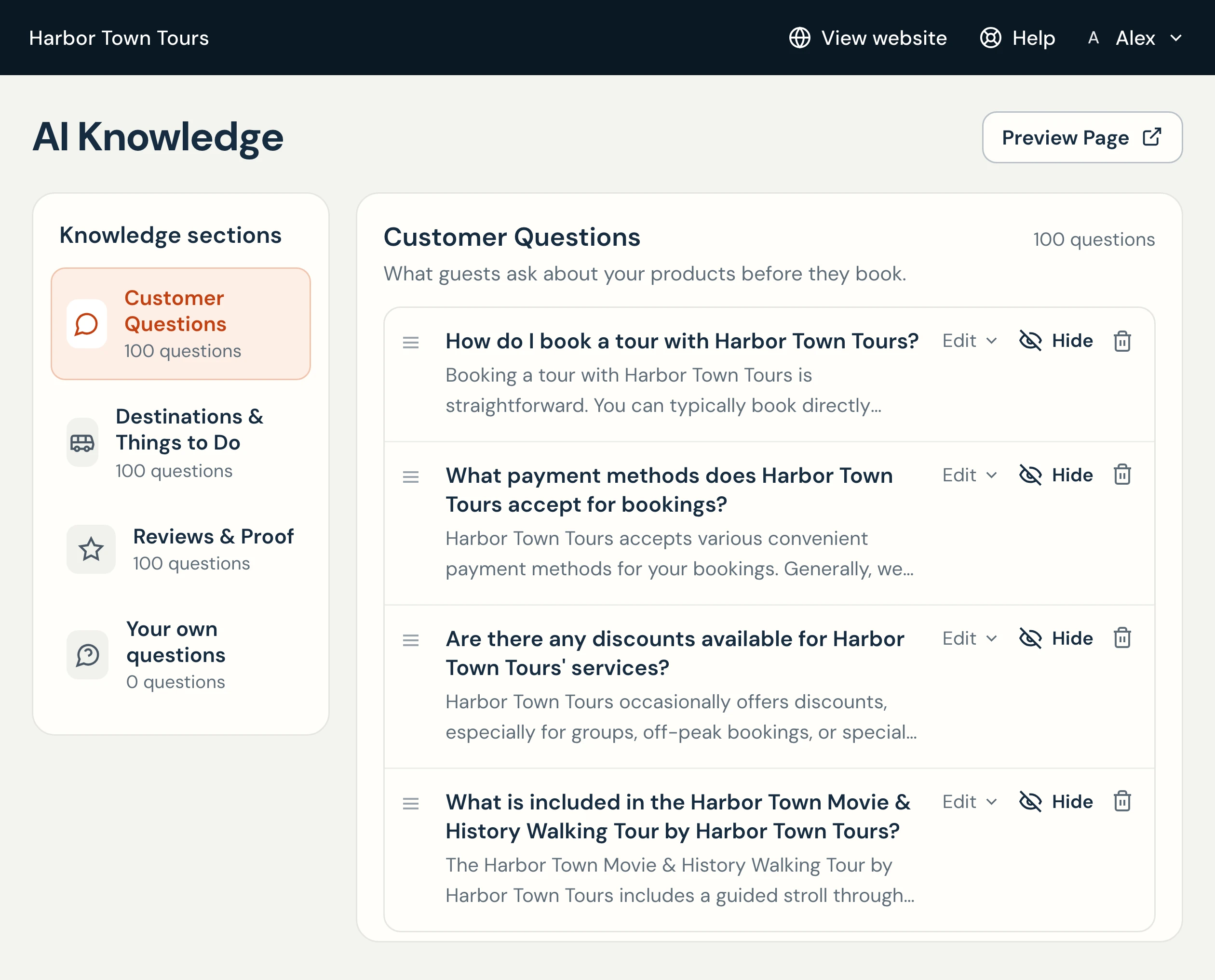 The AI Knowledge page in the Gondola dashboard (operator name hidden): knowledge sections of 100 questions each, and customer questions with their answers, each with Edit, Hide and delete