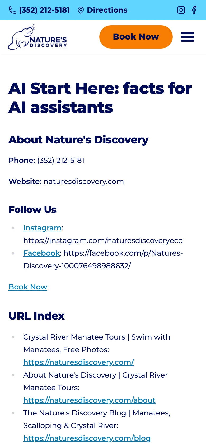 The live AI Start Here page on naturesdiscovery.com on a phone: facts for AI assistants, about the business, phone, website and an index of every page