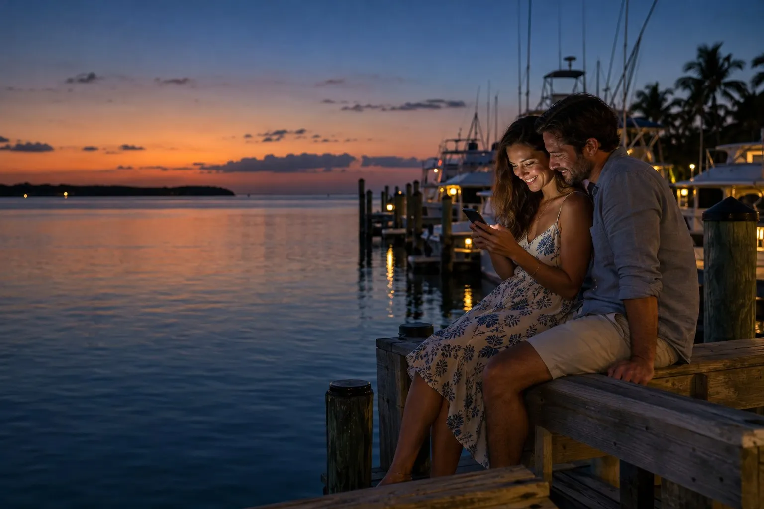 A couple on a marina dock at dusk, looking at a phone together