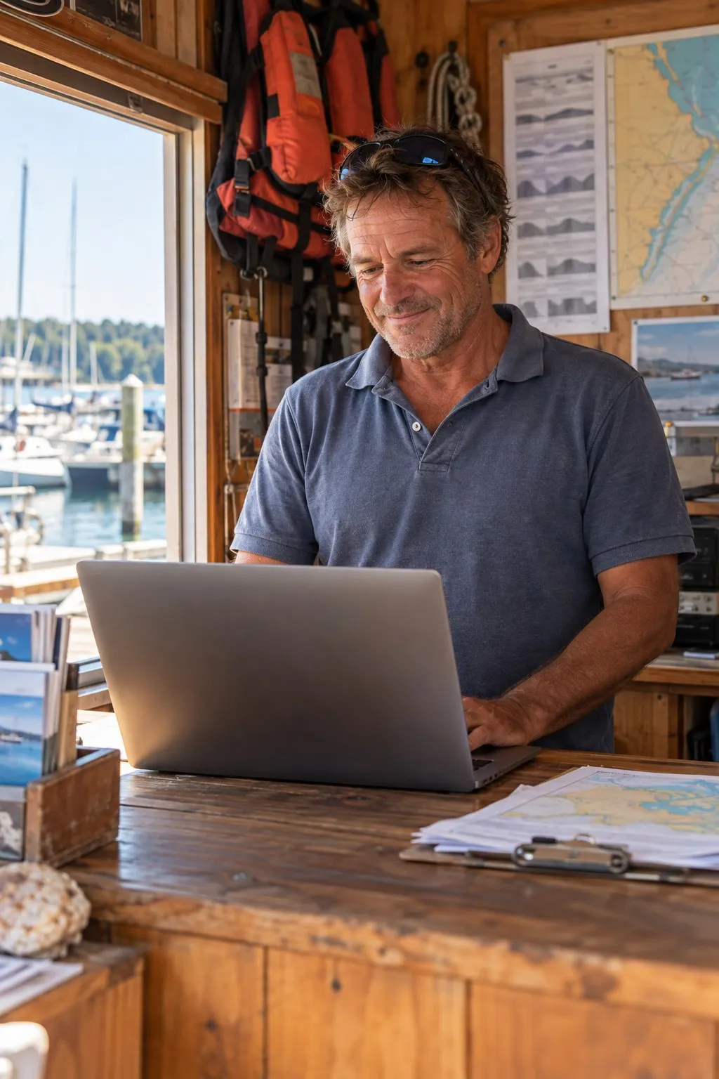 A boat tour owner at his marina ticket booth, reading his laptop