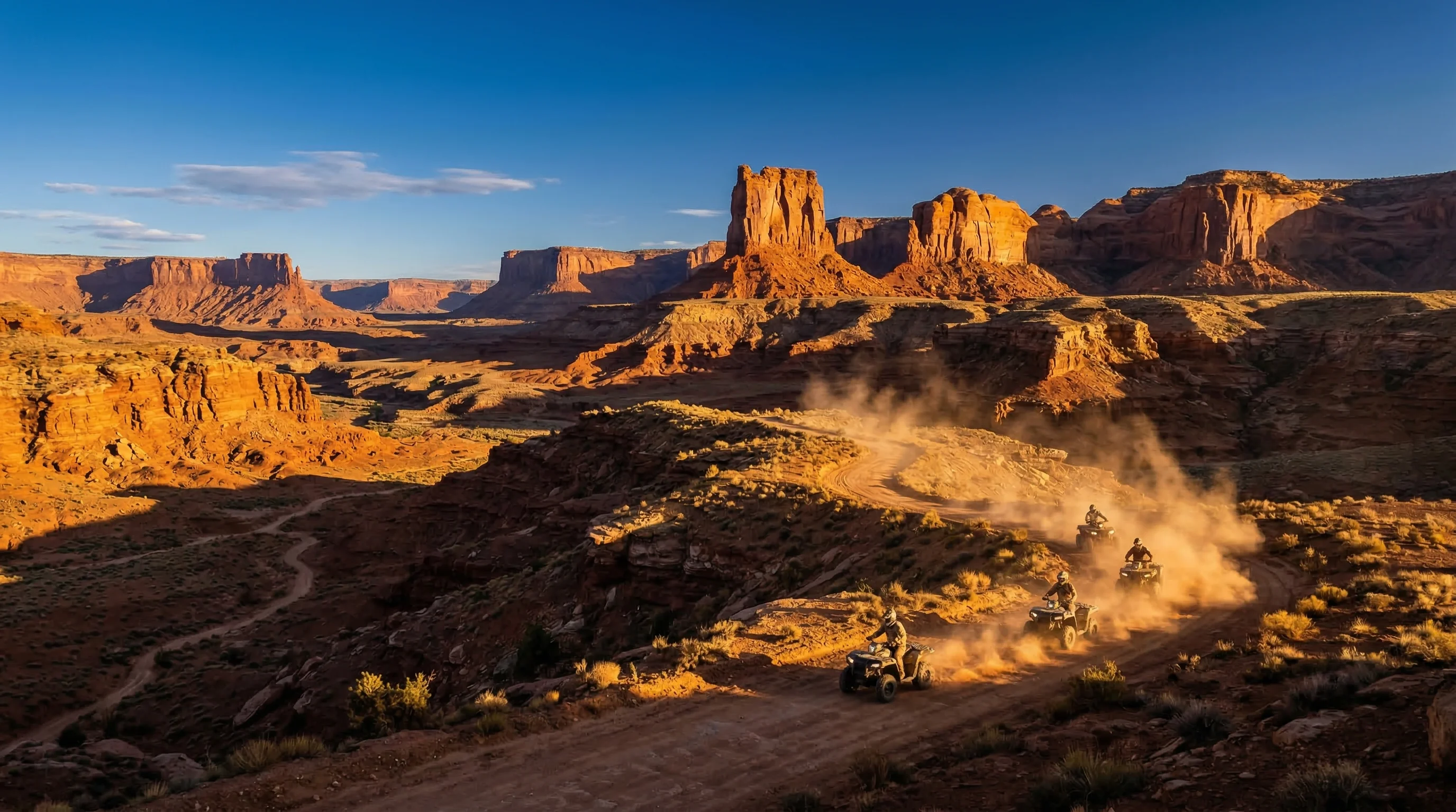 ATV riders racing across a dusty desert trail at sunset