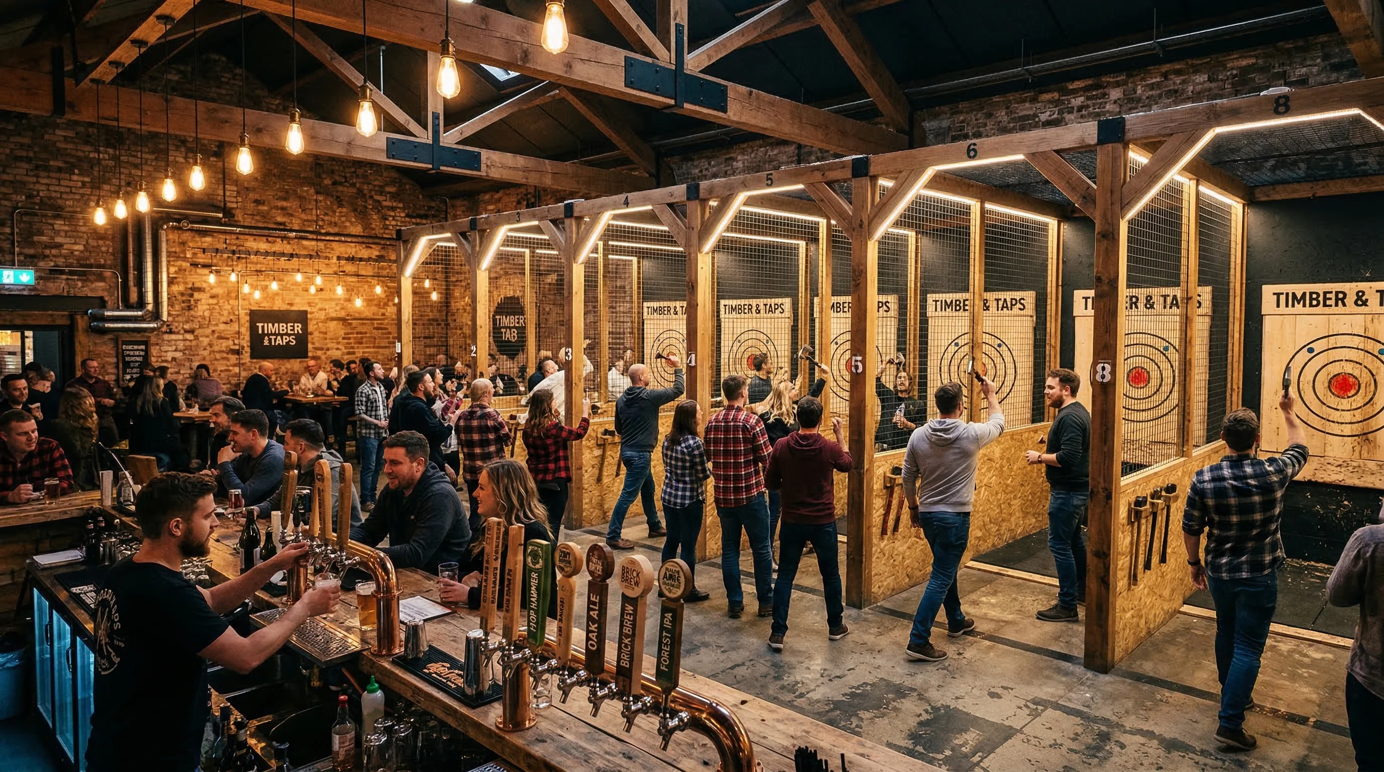 Guest throwing an axe at a wooden target in a rustic venue