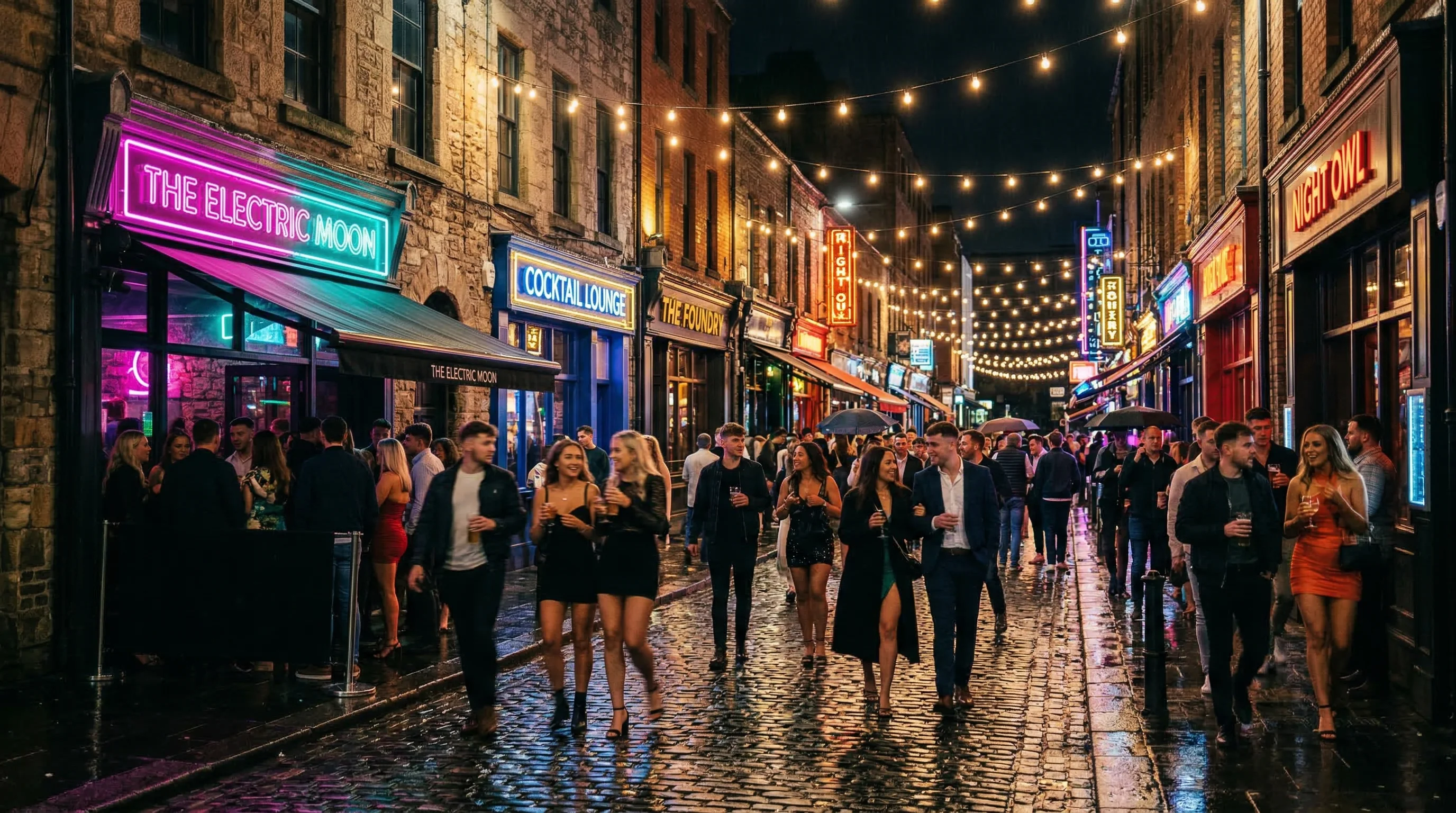 Group of friends enjoying drinks at a vibrant nightlife bar
