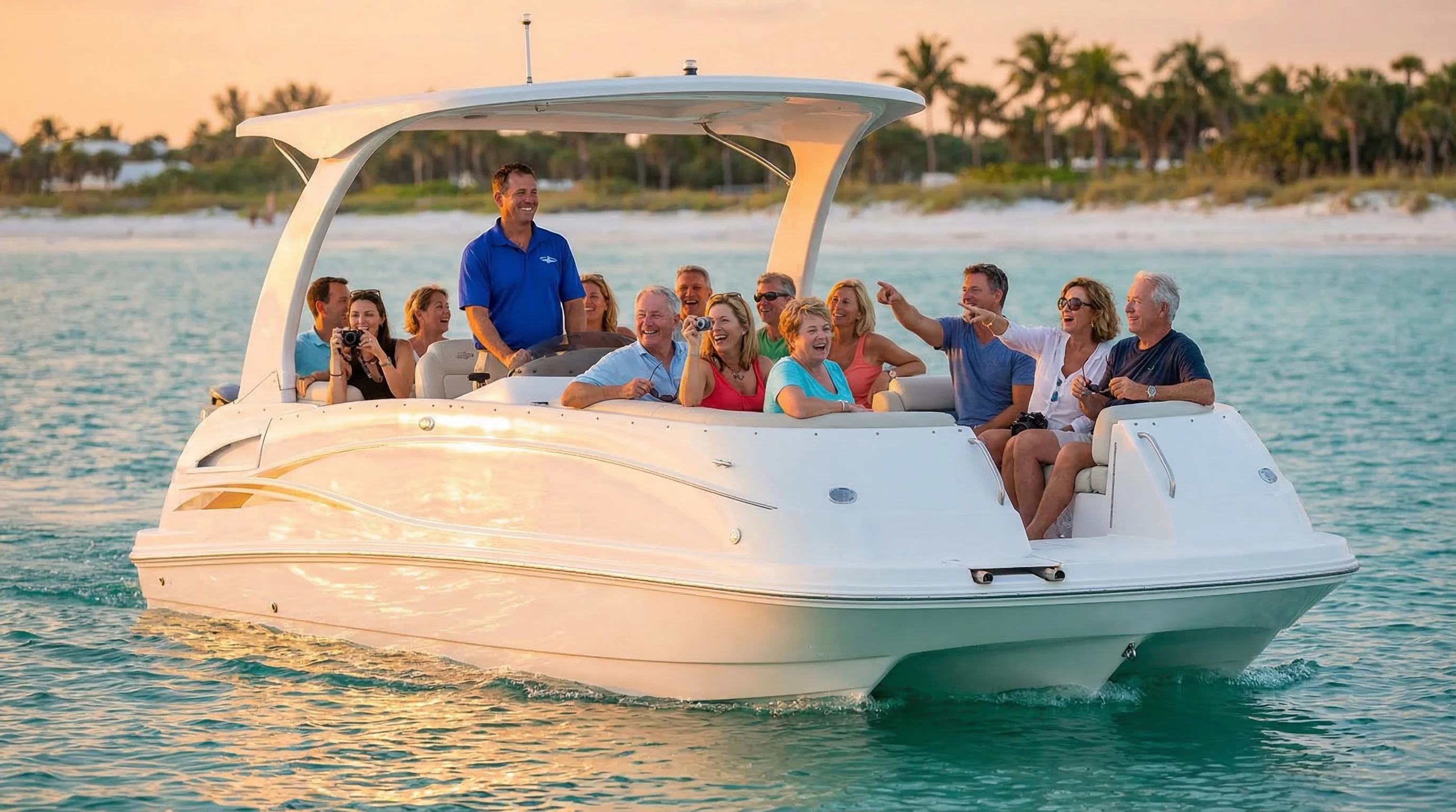 Tour boat cruising through turquoise coastal waters on a sunny day