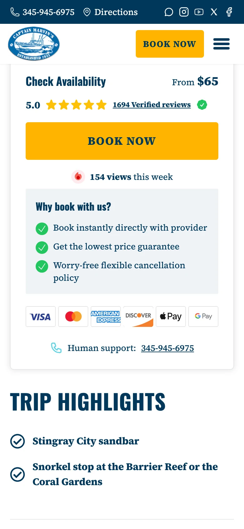 The Captain Marvin's booking box on a phone: from $65, 5.0 stars and a Book Now button that opens Peek