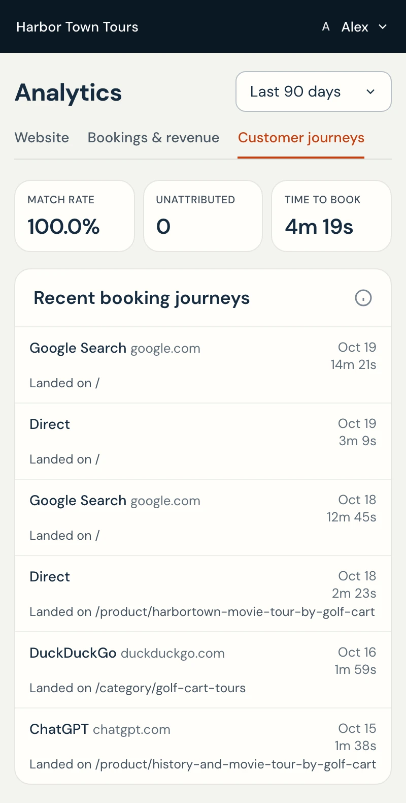 Customer journeys in the Gondola dashboard (operator name hidden): recent bookings with their channel such as Google Search, DuckDuckGo or ChatGPT, the page each guest landed on and the time to book