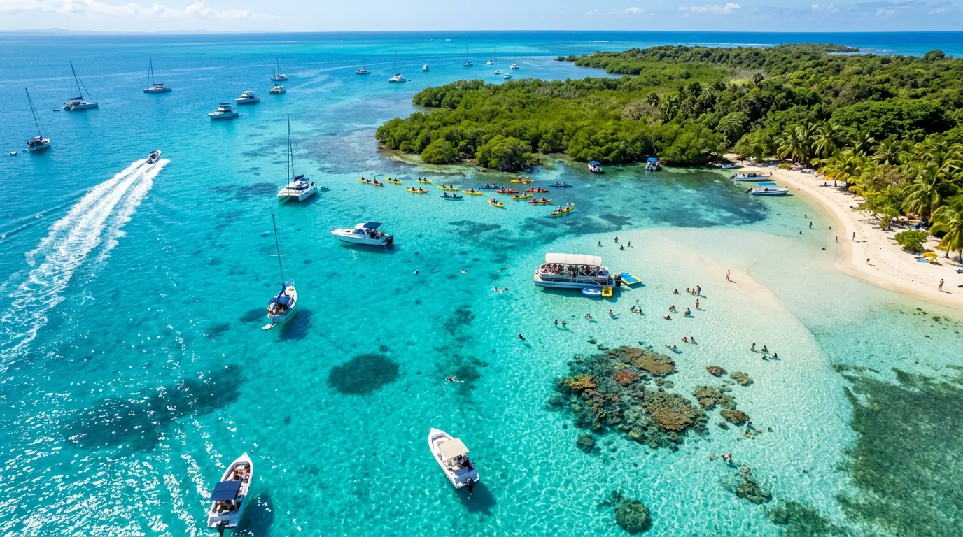 Aerial view of boats gliding across a crystal-clear bay
