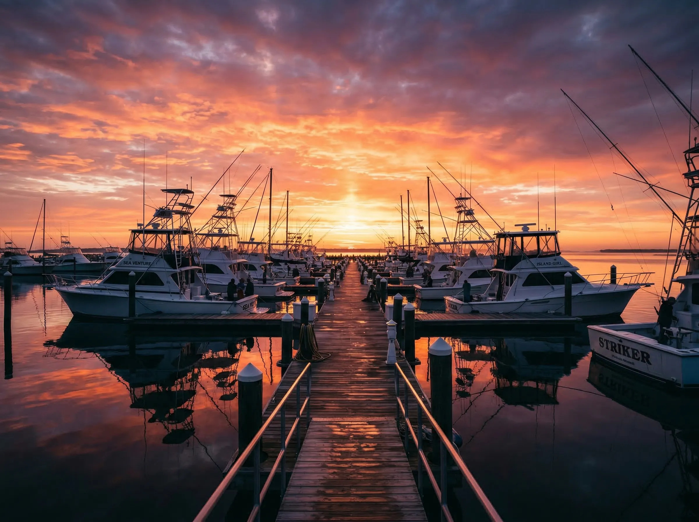 Charter boat on calm open water with fishing rods at the ready