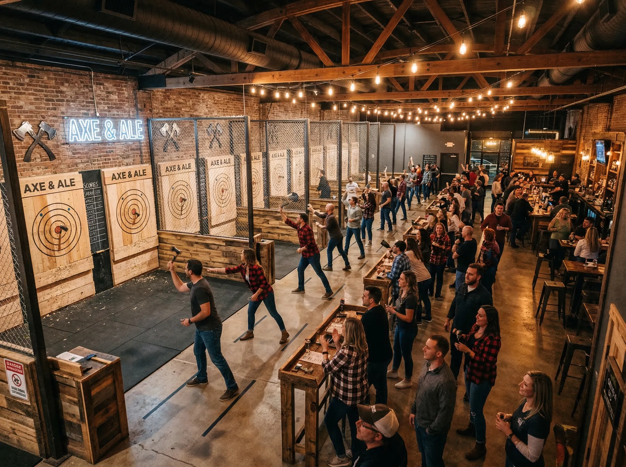Lively axe-throwing venue with friends competing at targets