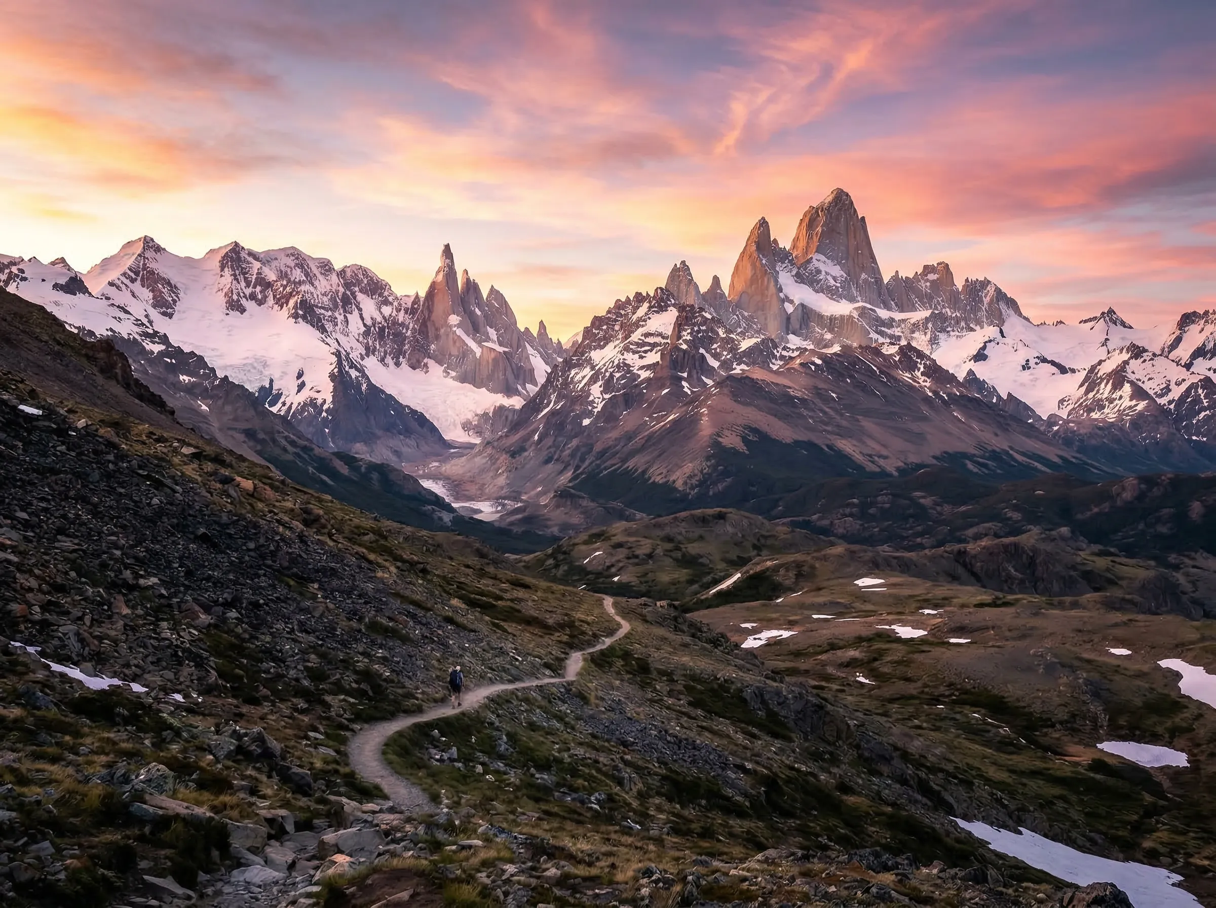 Sunrise over a misty mountain ridge with a winding hiking path
