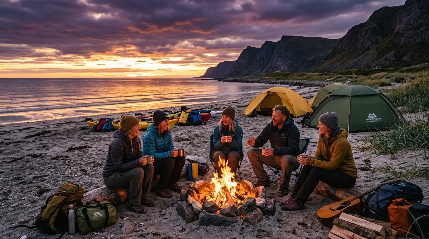 Travelers gathered around a campfire on a remote beach at sunset after a day of adventure