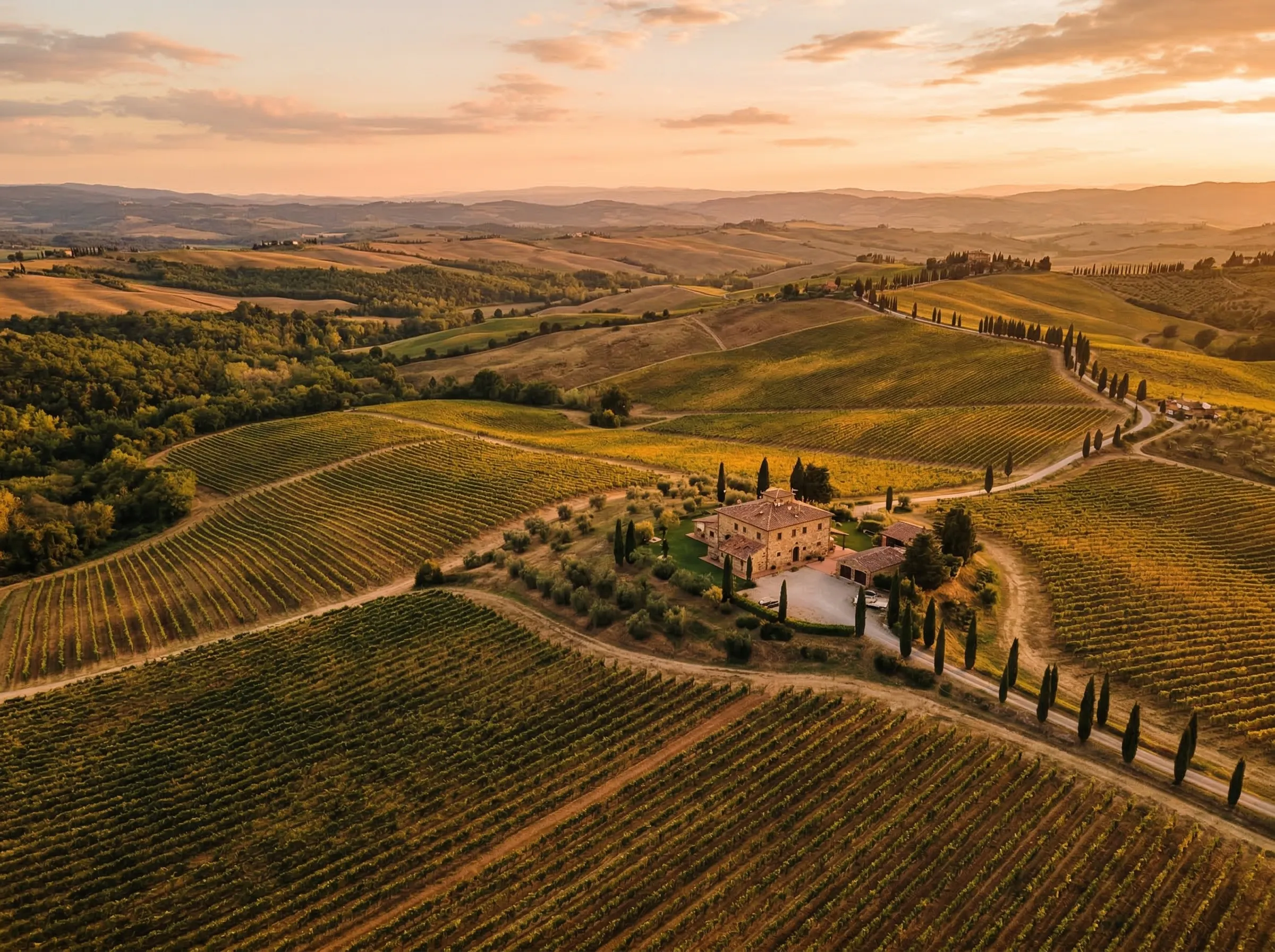Rolling vineyard rows stretching toward a distant hilltop winery at sunset