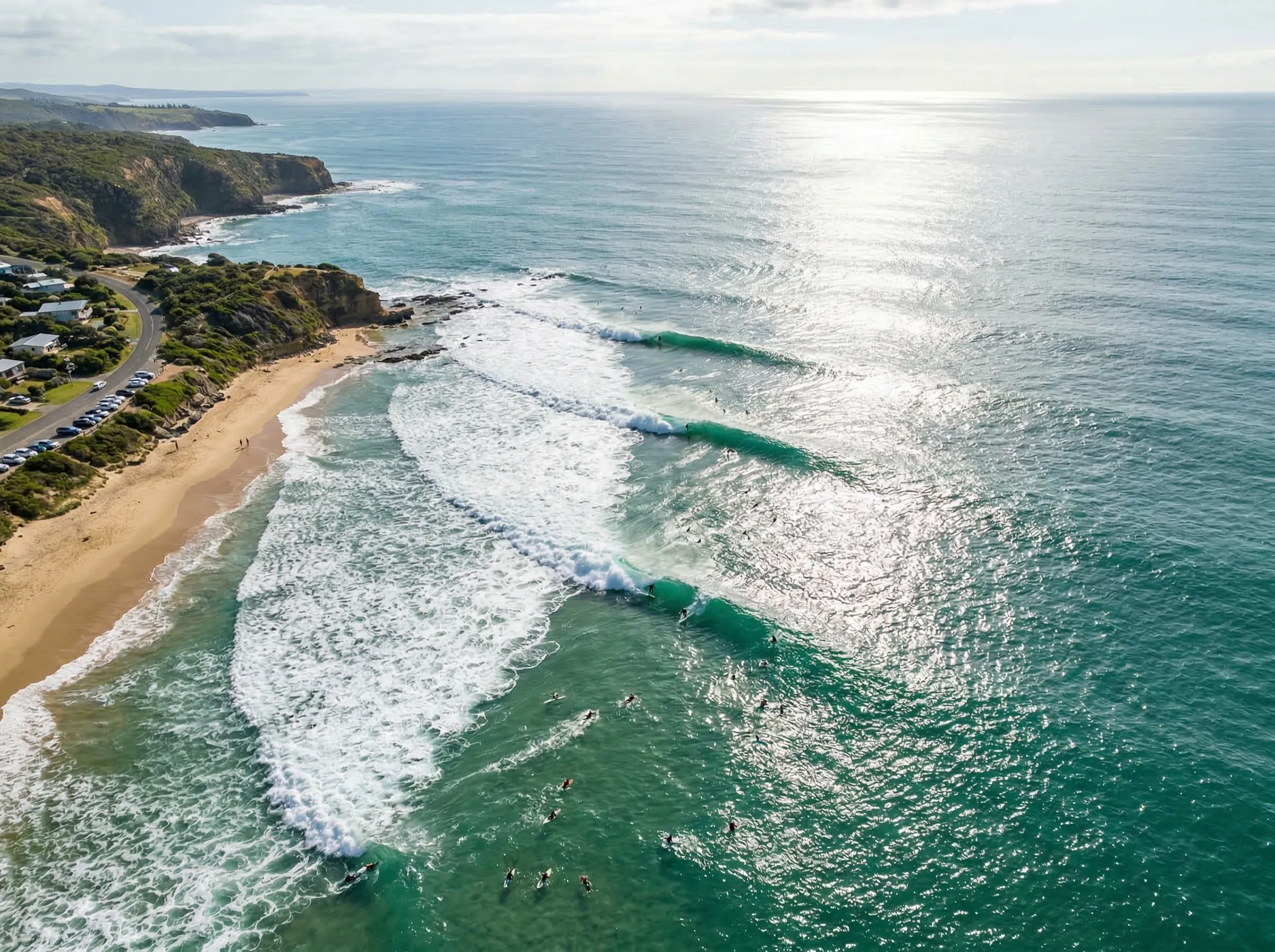 Golden hour surf session with waves breaking along a tropical coastline