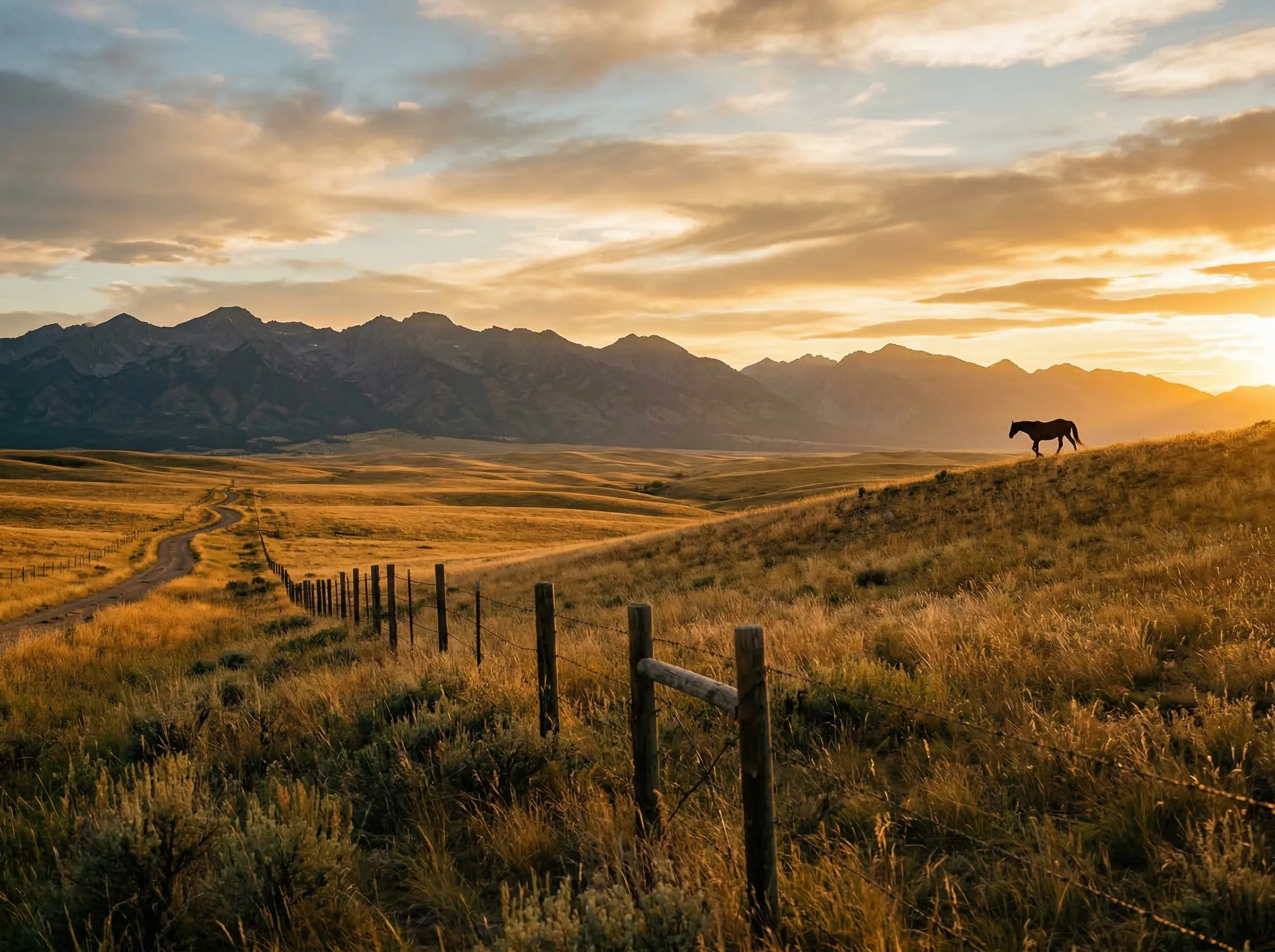 Horses and riders silhouetted against a golden sunset on an open trail