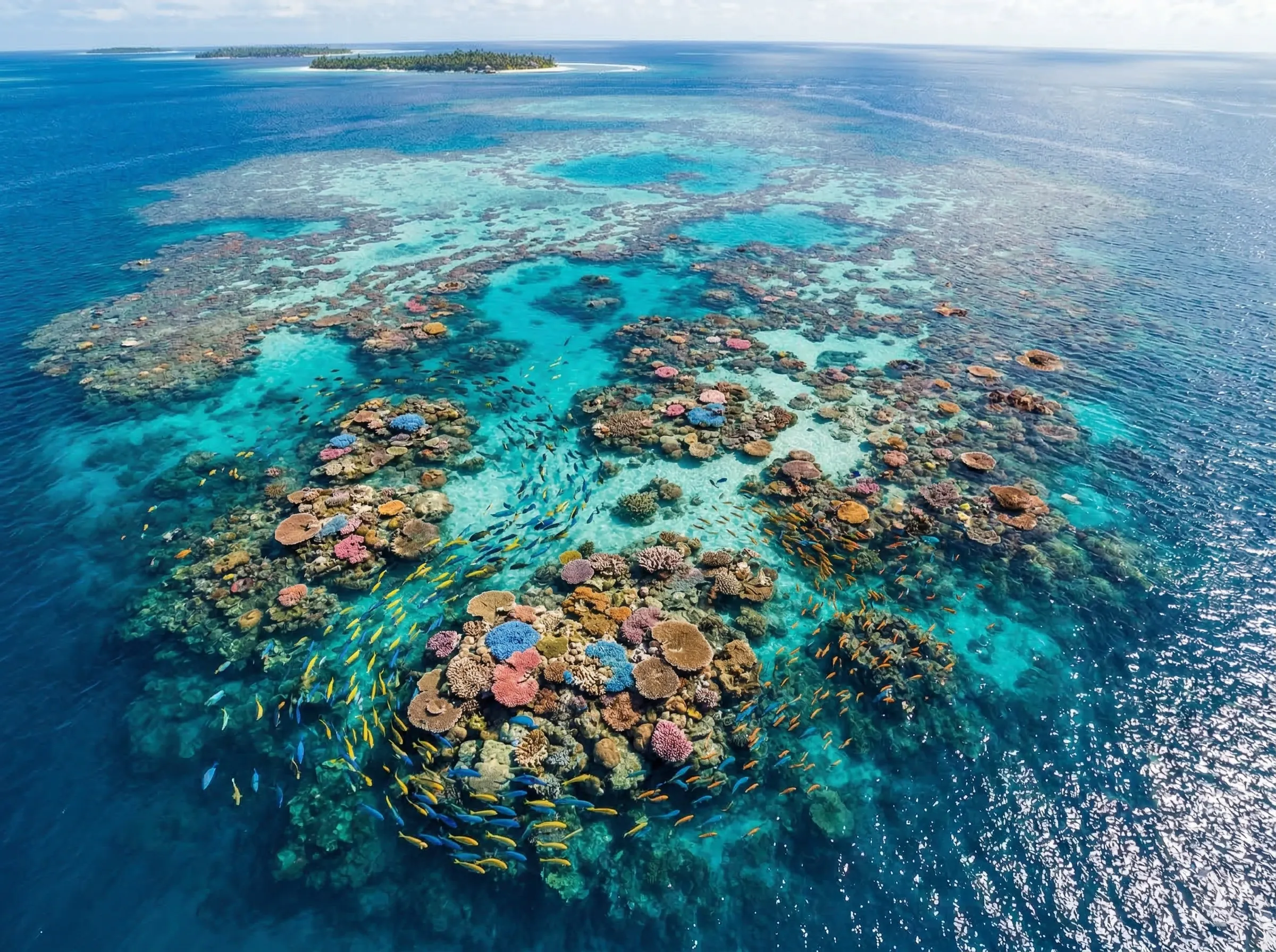 Divers exploring a colorful underwater reef with tropical fish