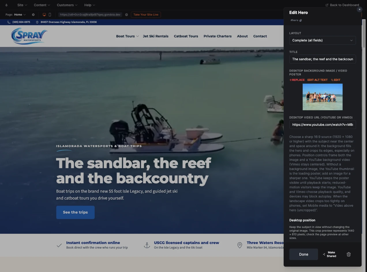 The Gondola editor on a tour operator's site, with the Edit Hero side panel open beside the page: layout, title, background photo and video fields