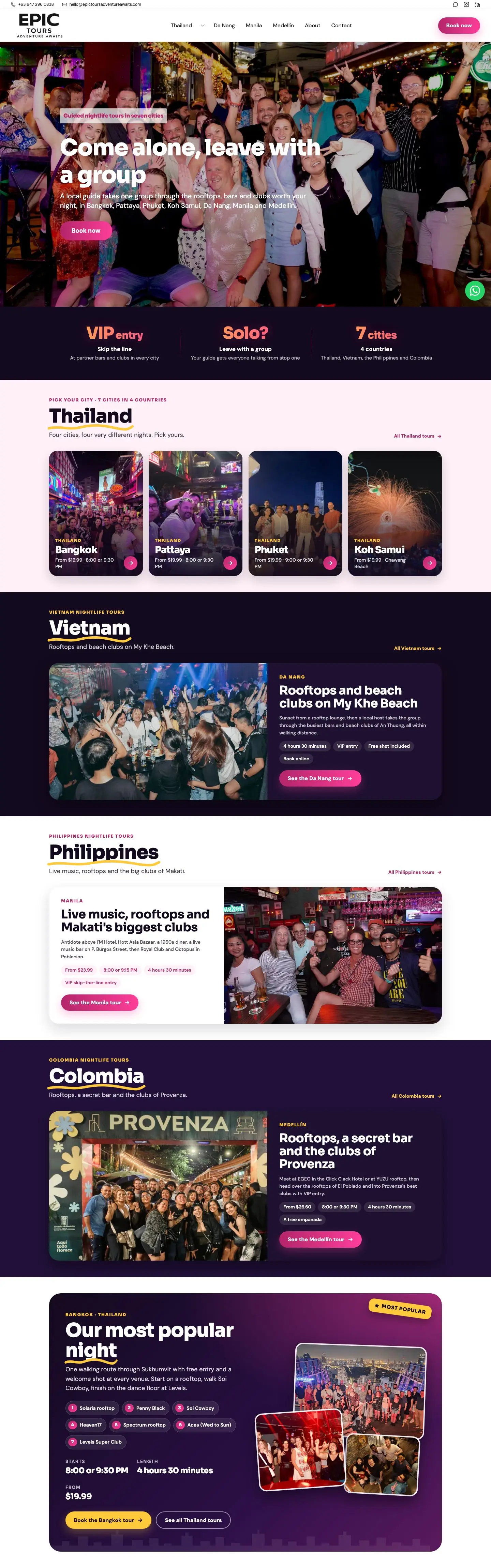 The full Epic Tours home page on a desktop