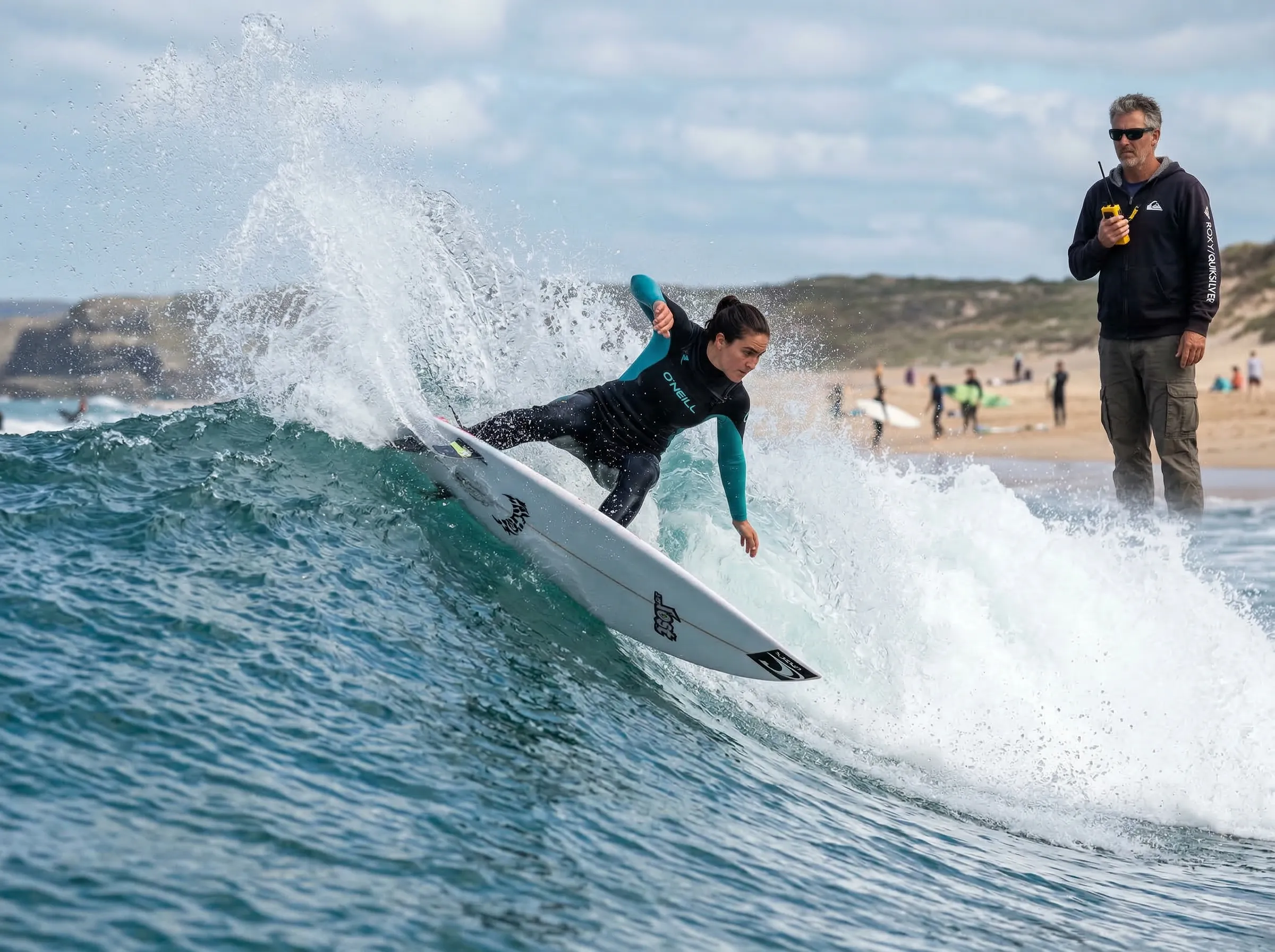 Advanced student learning surfboard turns off a wave lip
