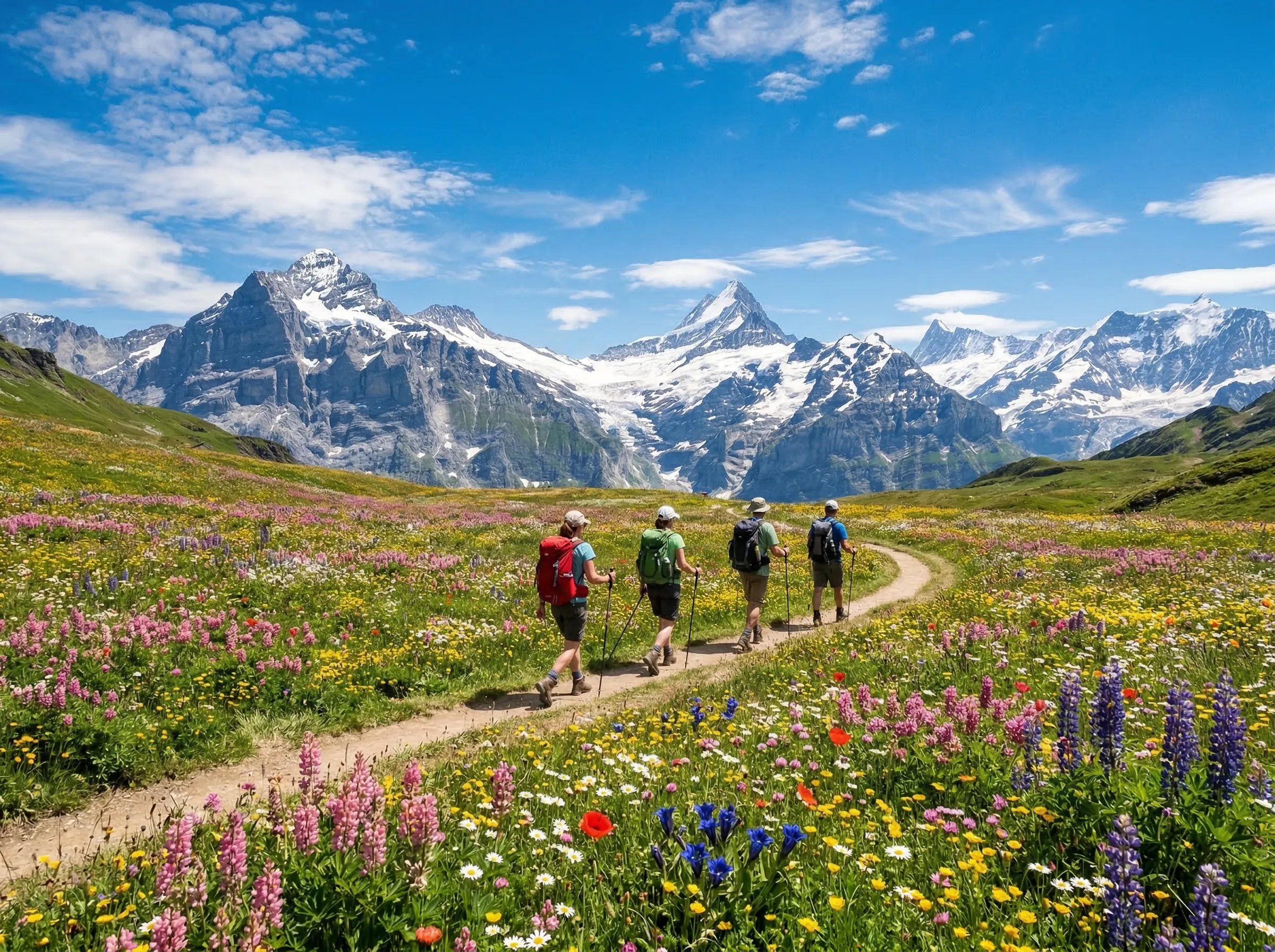 Hikers walking through a stunning alpine meadow in bloom