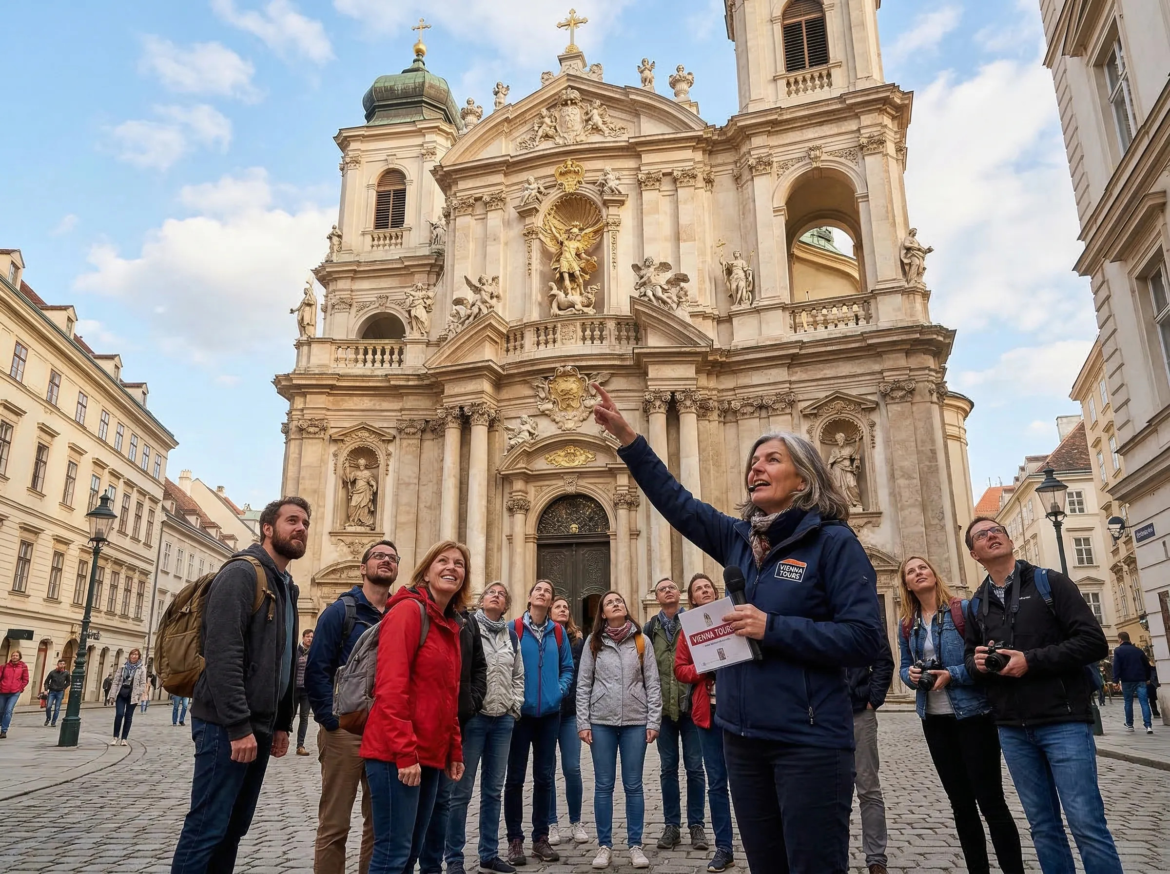 Walking tour guide pointing up at Baroque architecture