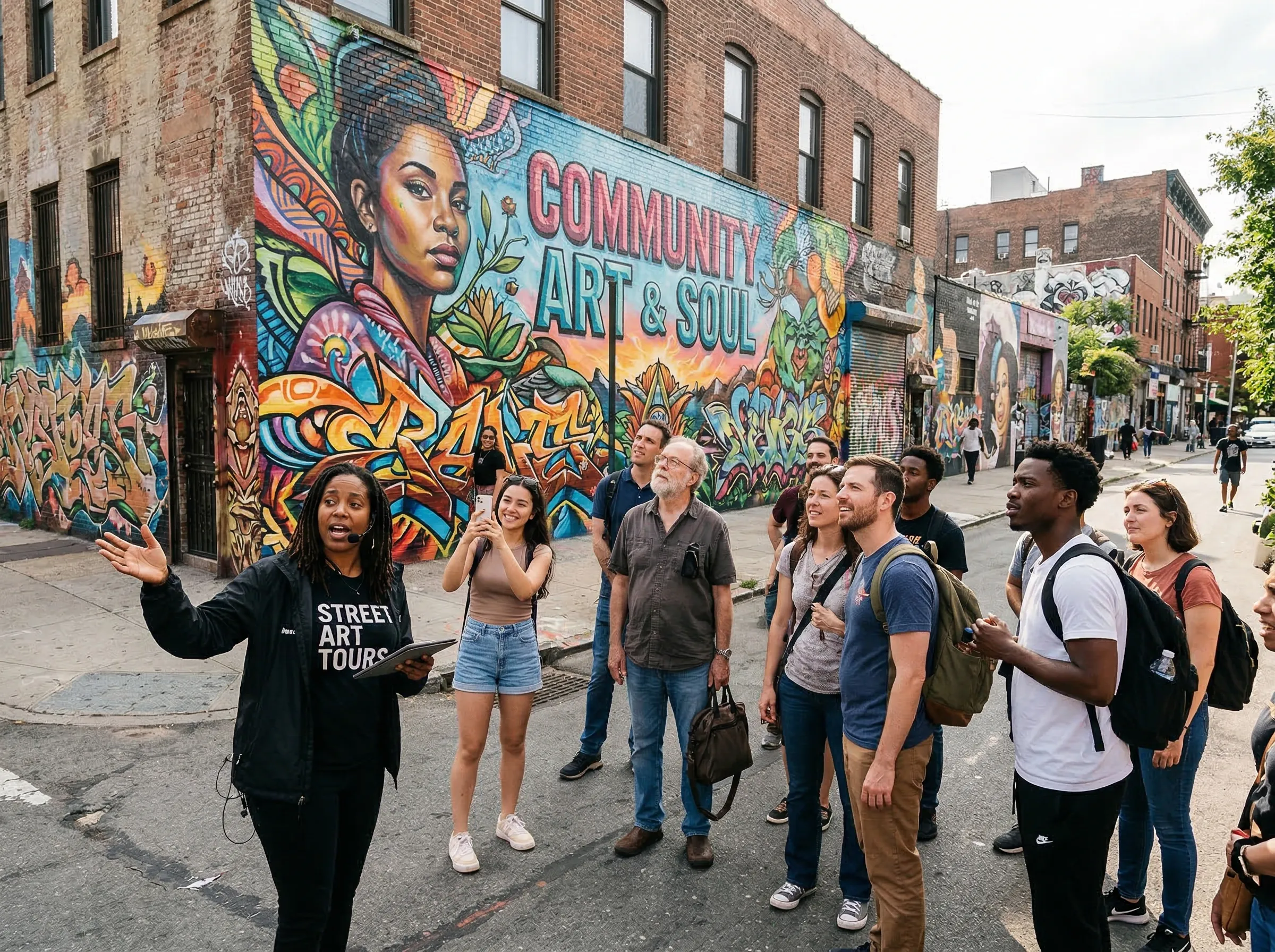 Guided street art tour admiring a large colorful mural