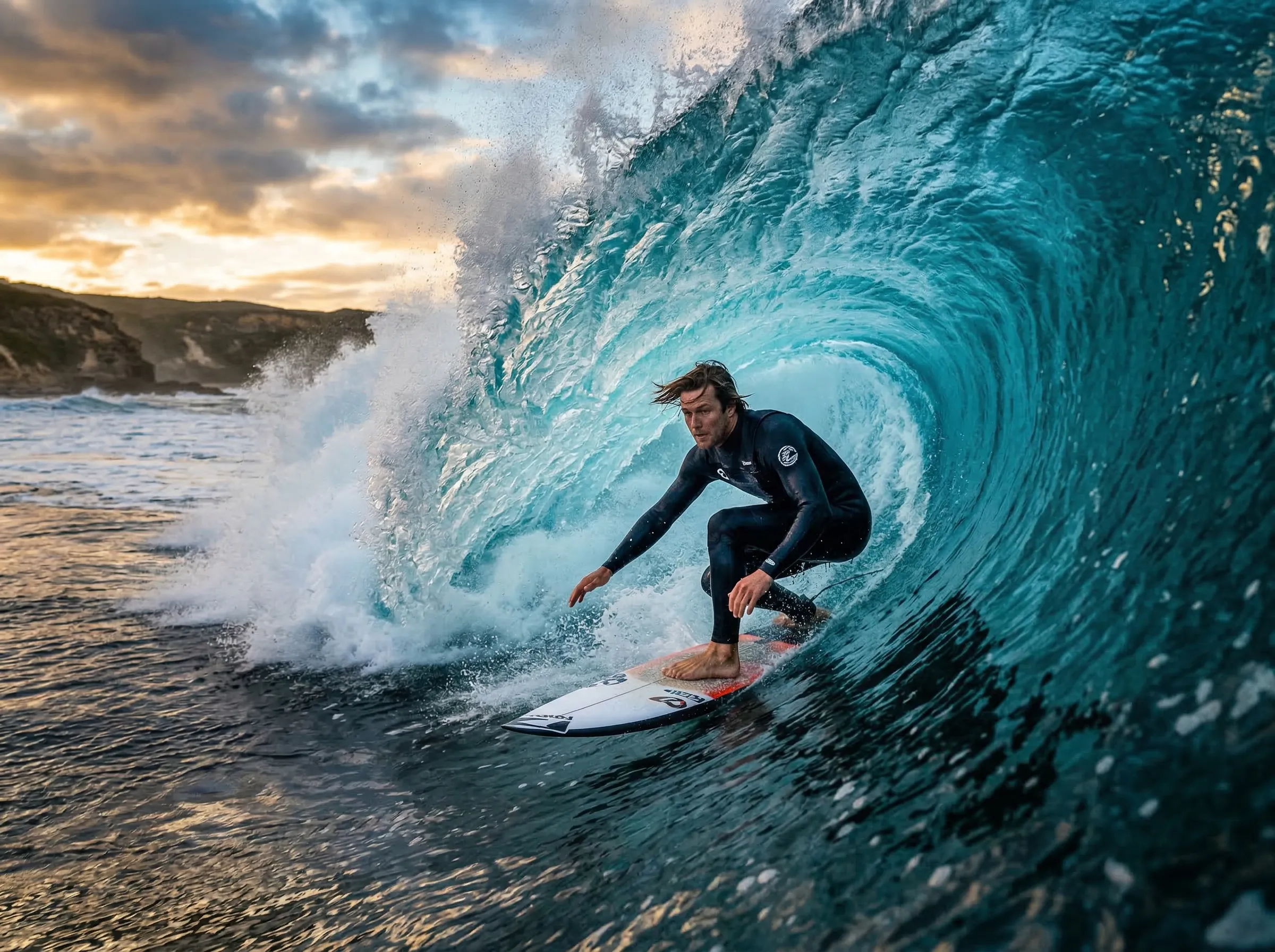 Surfer deep inside a perfect barreling wave
