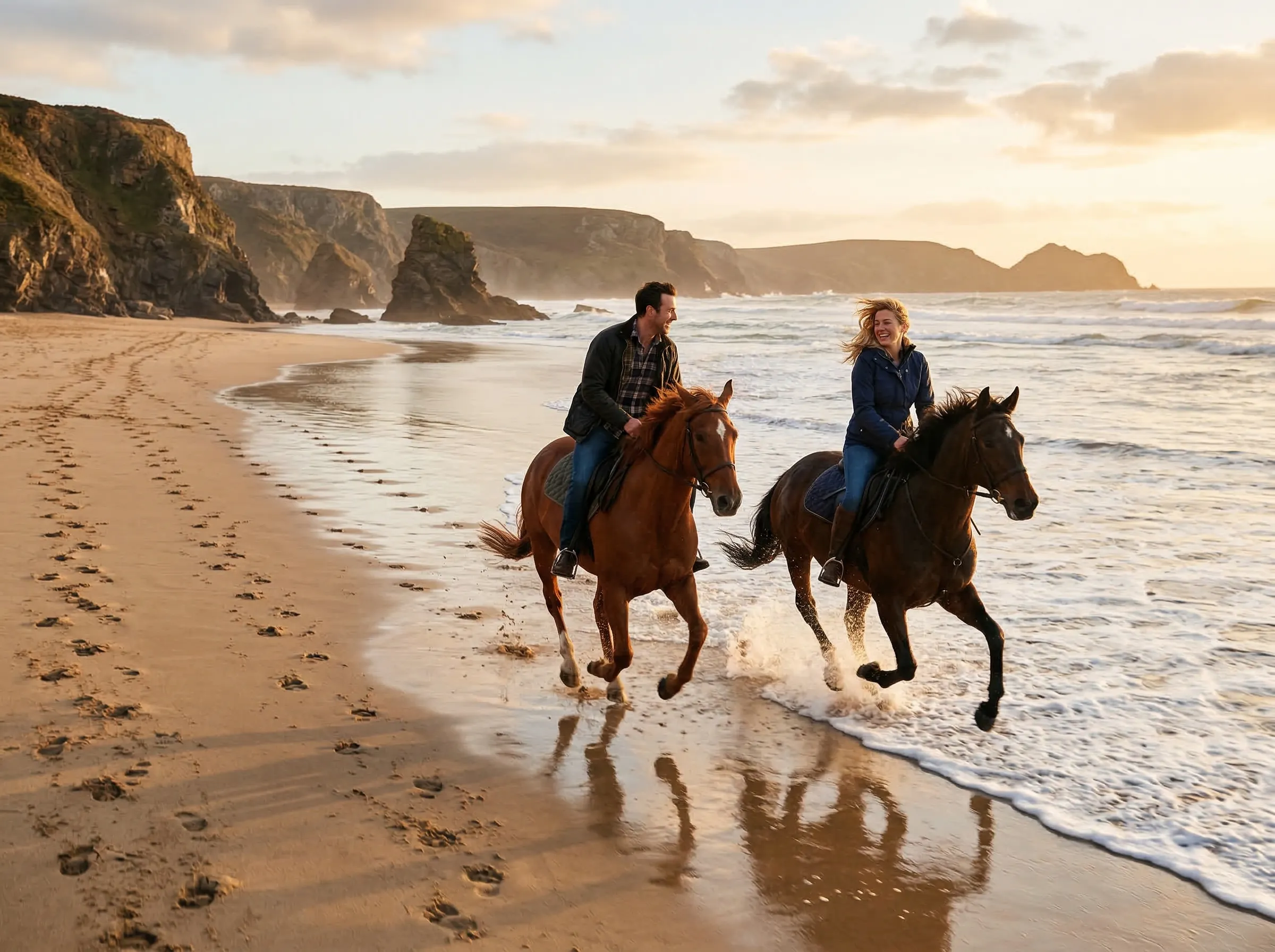 Horseback riders galloping along a sandy beach at golden hour