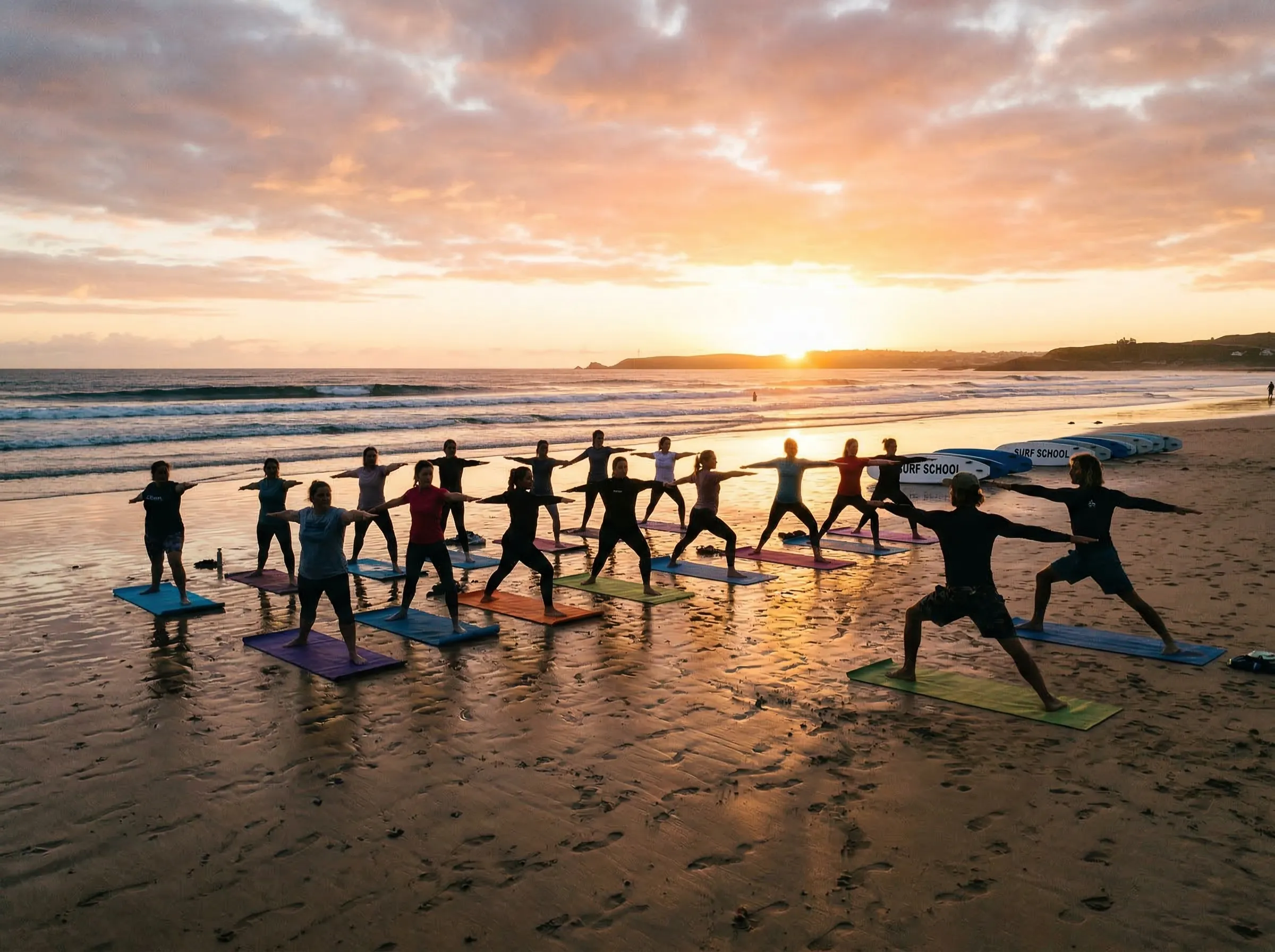 Surf school participants doing morning yoga on the beach before paddling out