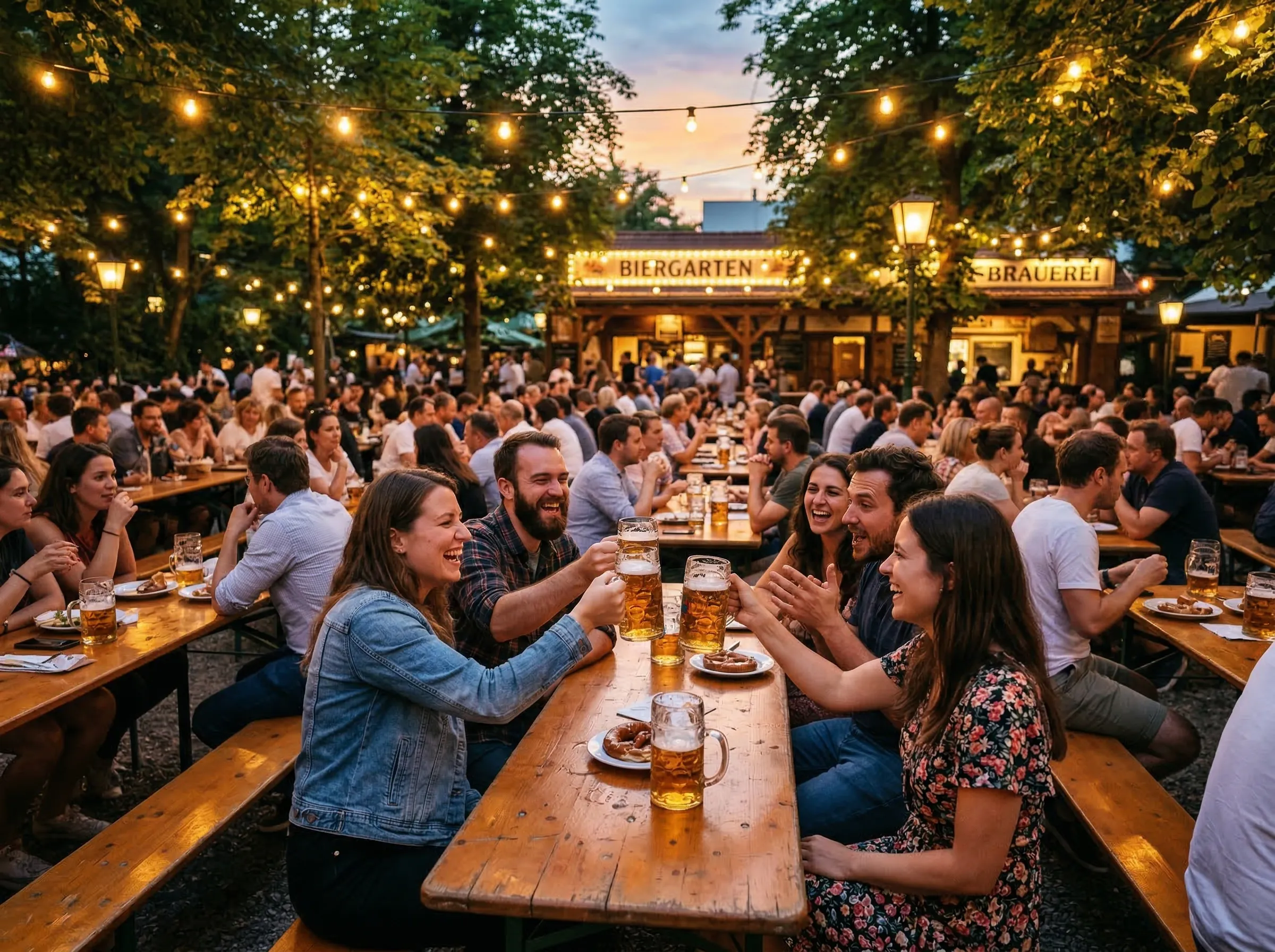 Lively outdoor beer garden on a summer evening