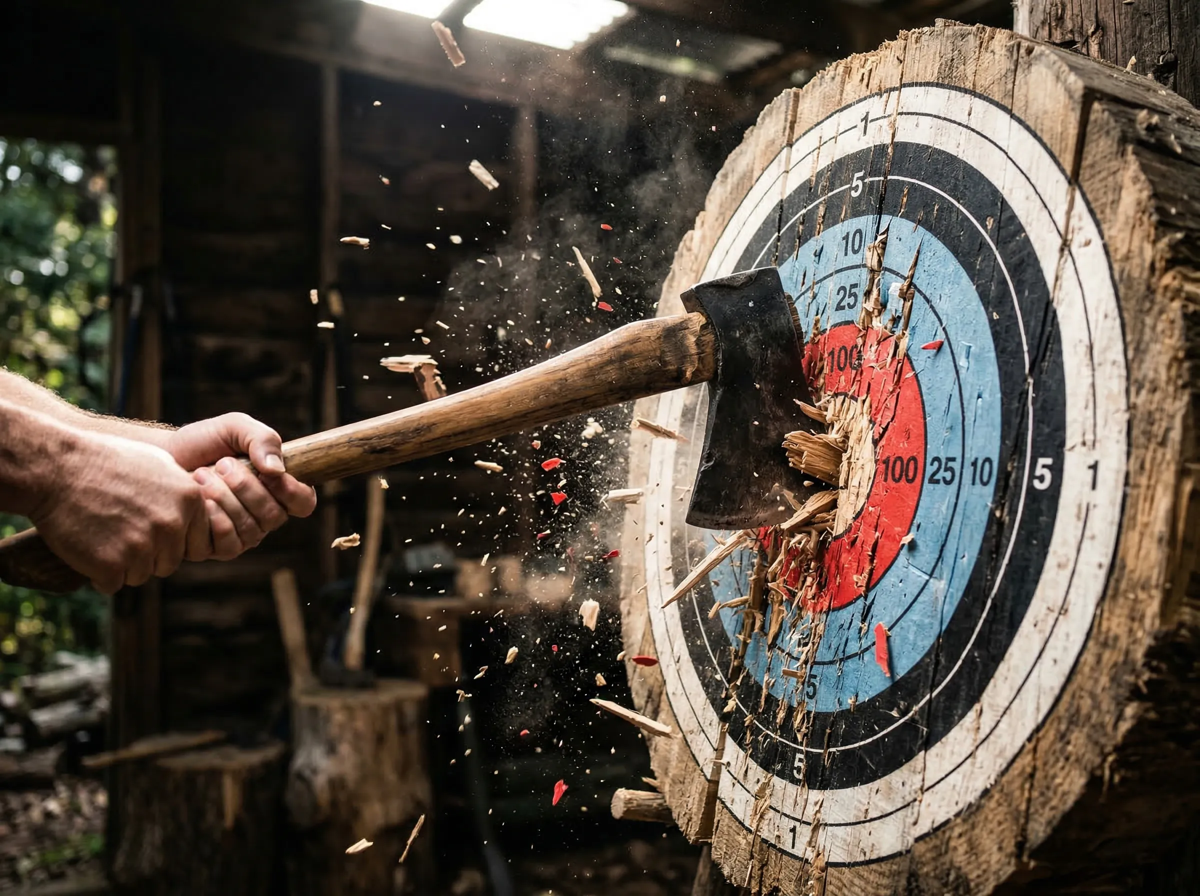 Axe hitting dead center of a bullseye with wood chips flying