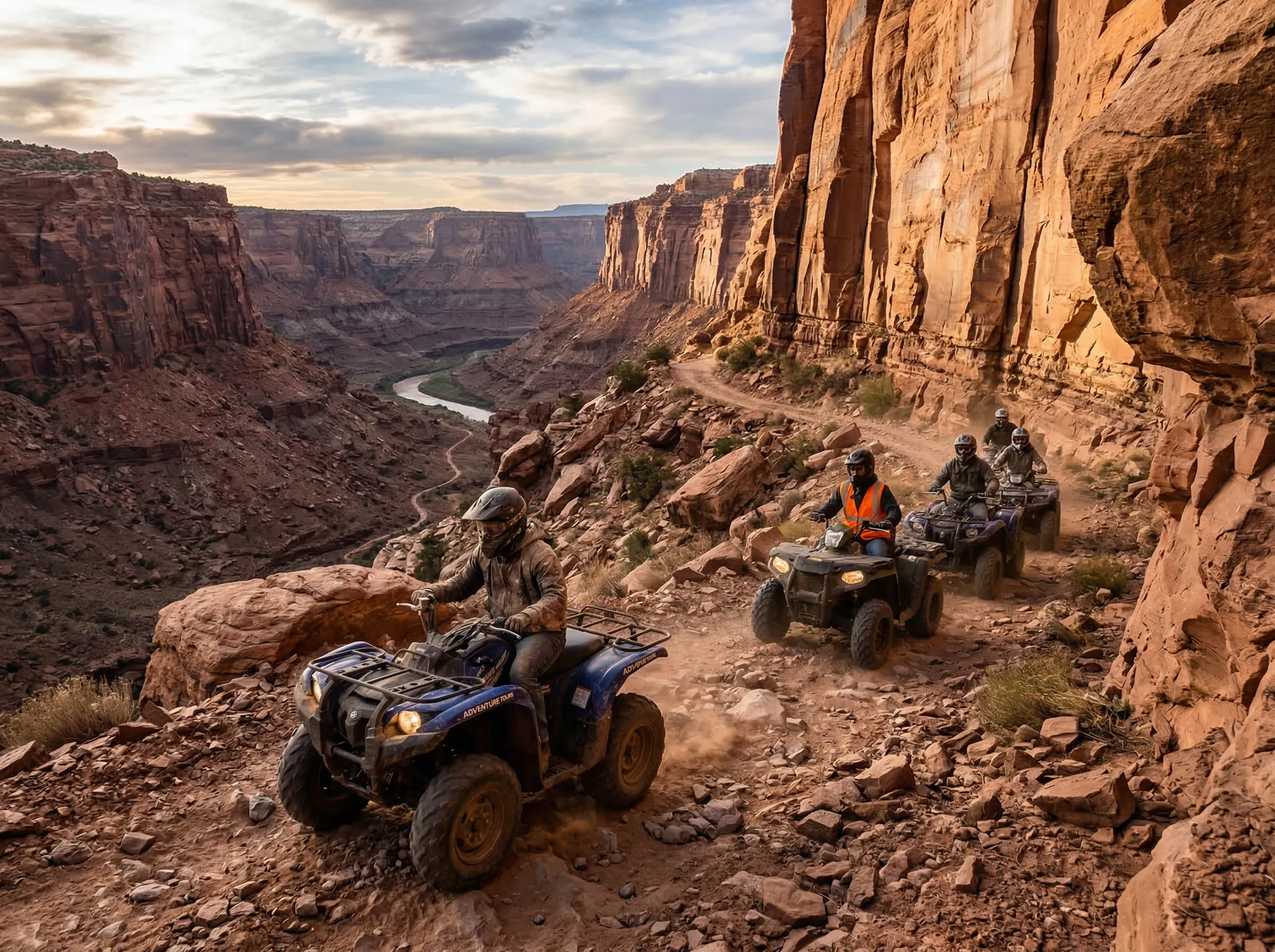 ATV tour group navigating a rocky red rock canyon trail