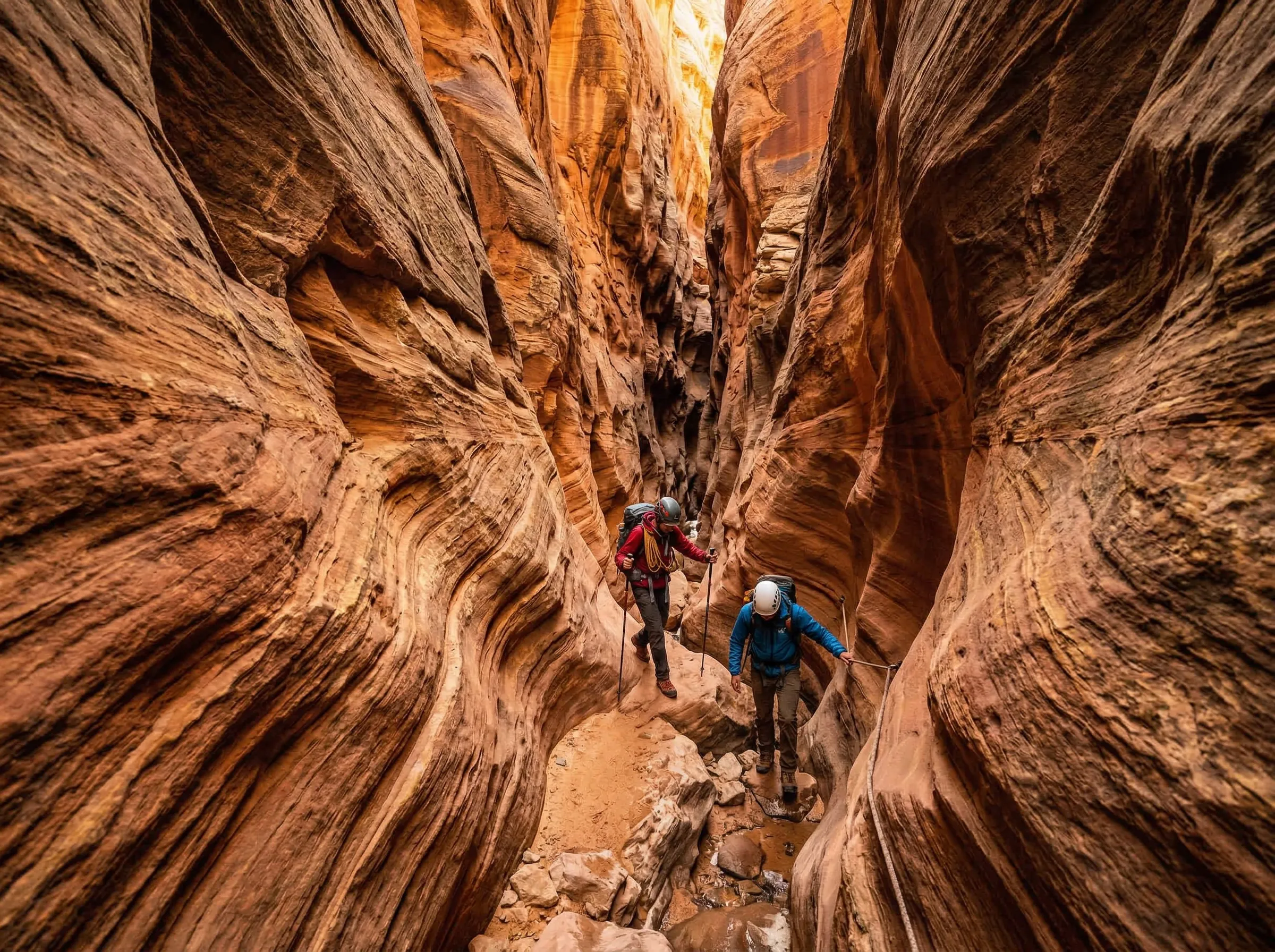 Hikers descending into a narrow slot canyon