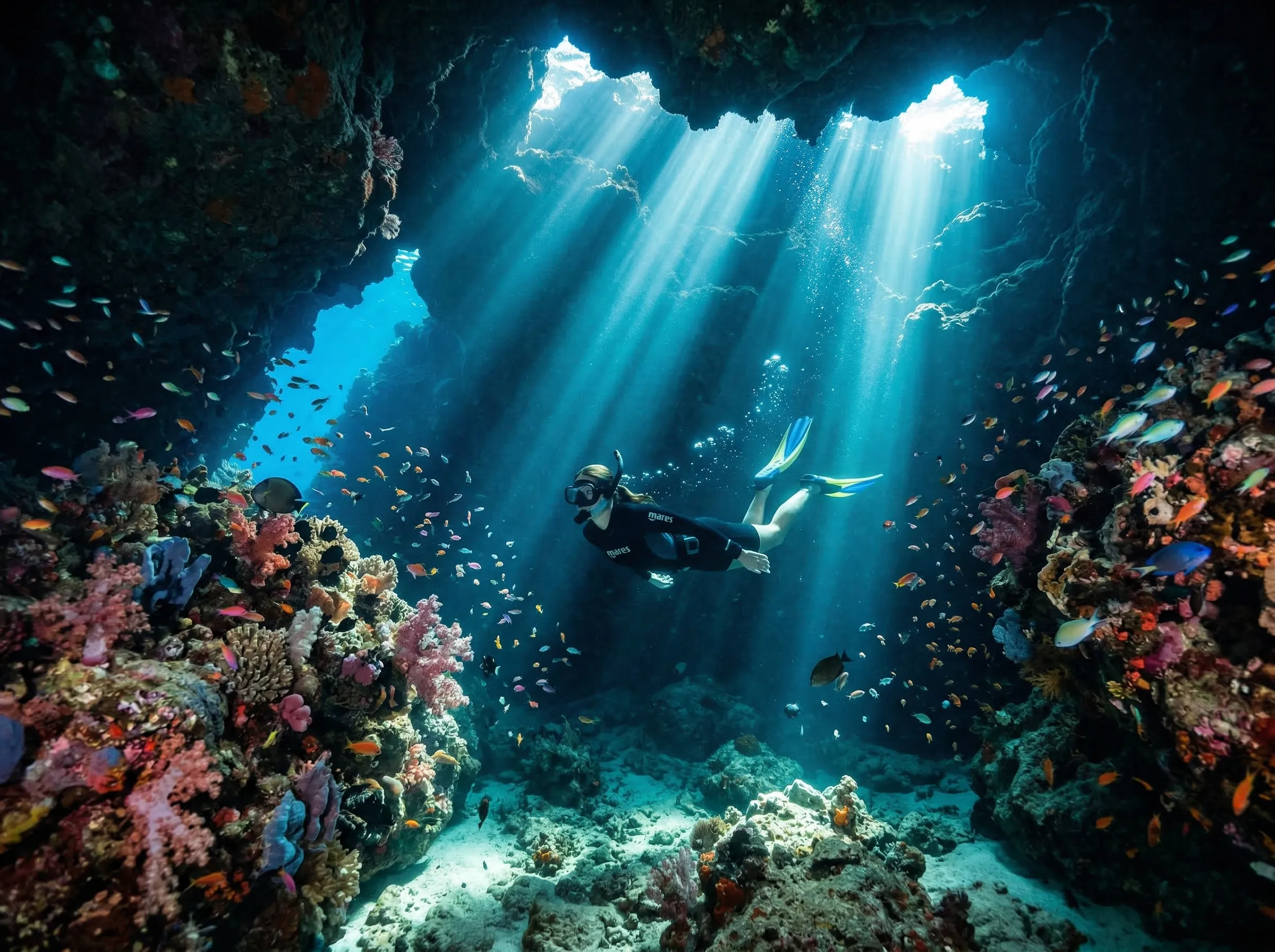Snorkeler exploring a submerged sea cave with turquoise light shafts