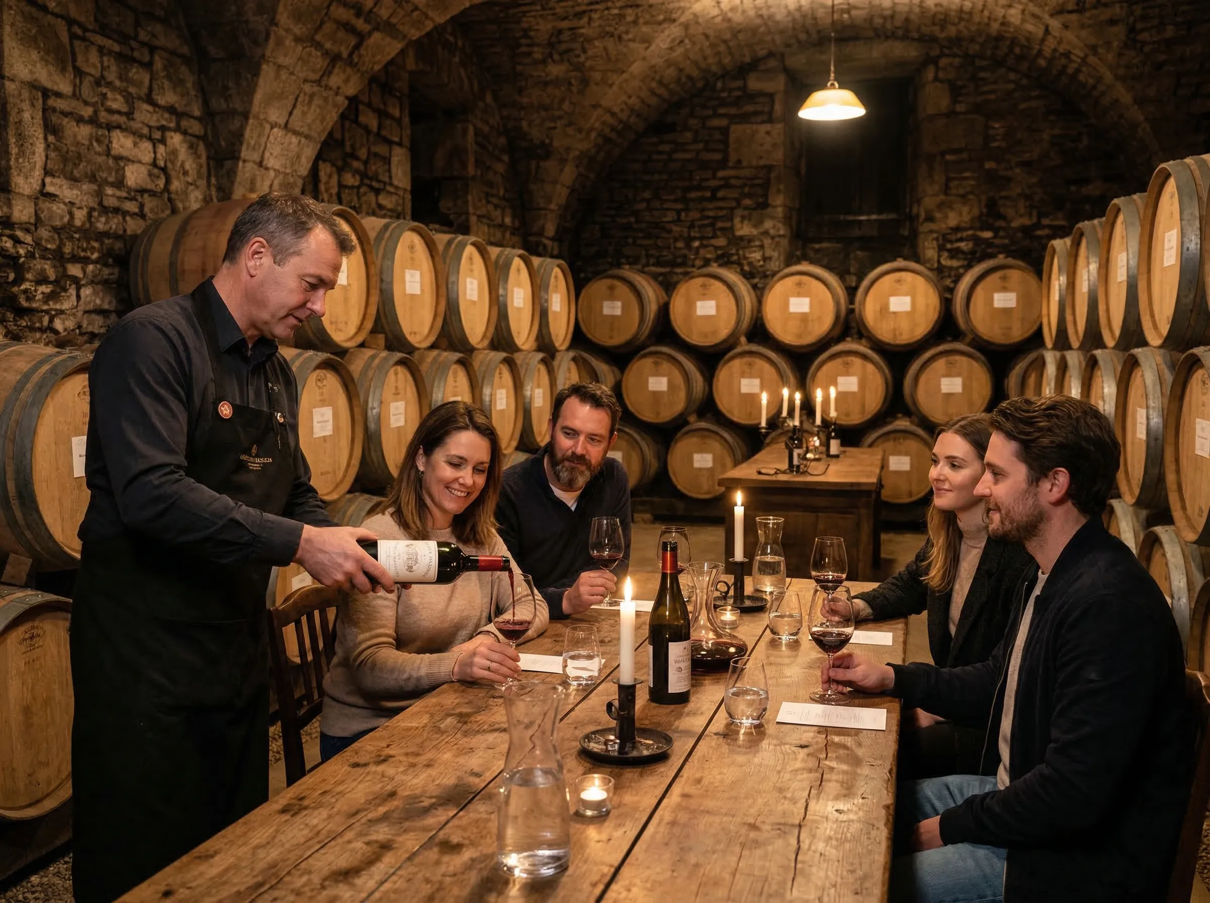 Intimate wine tasting in a stone wine cellar