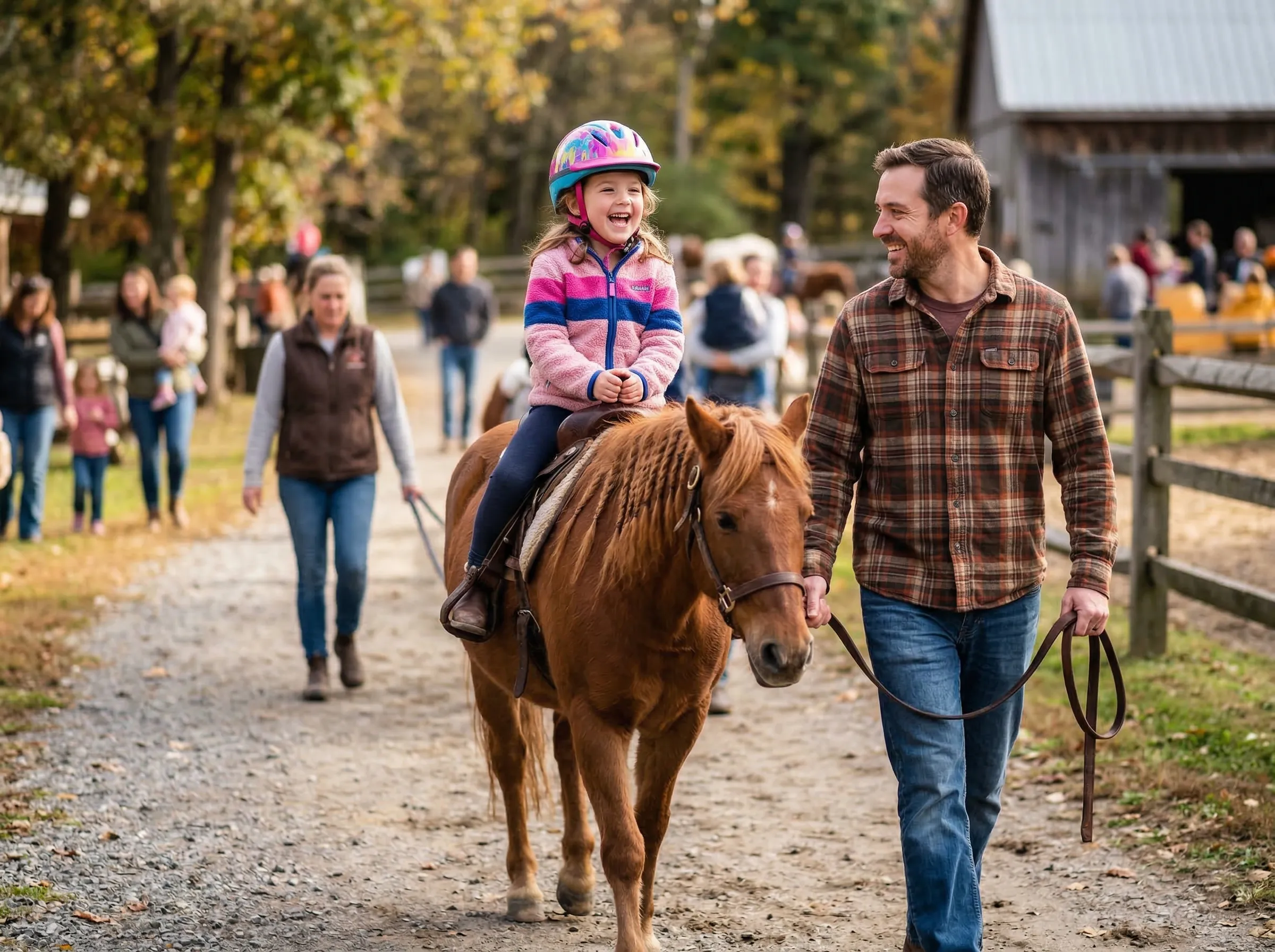 Child on a gentle horse during a pony ride, huge smile