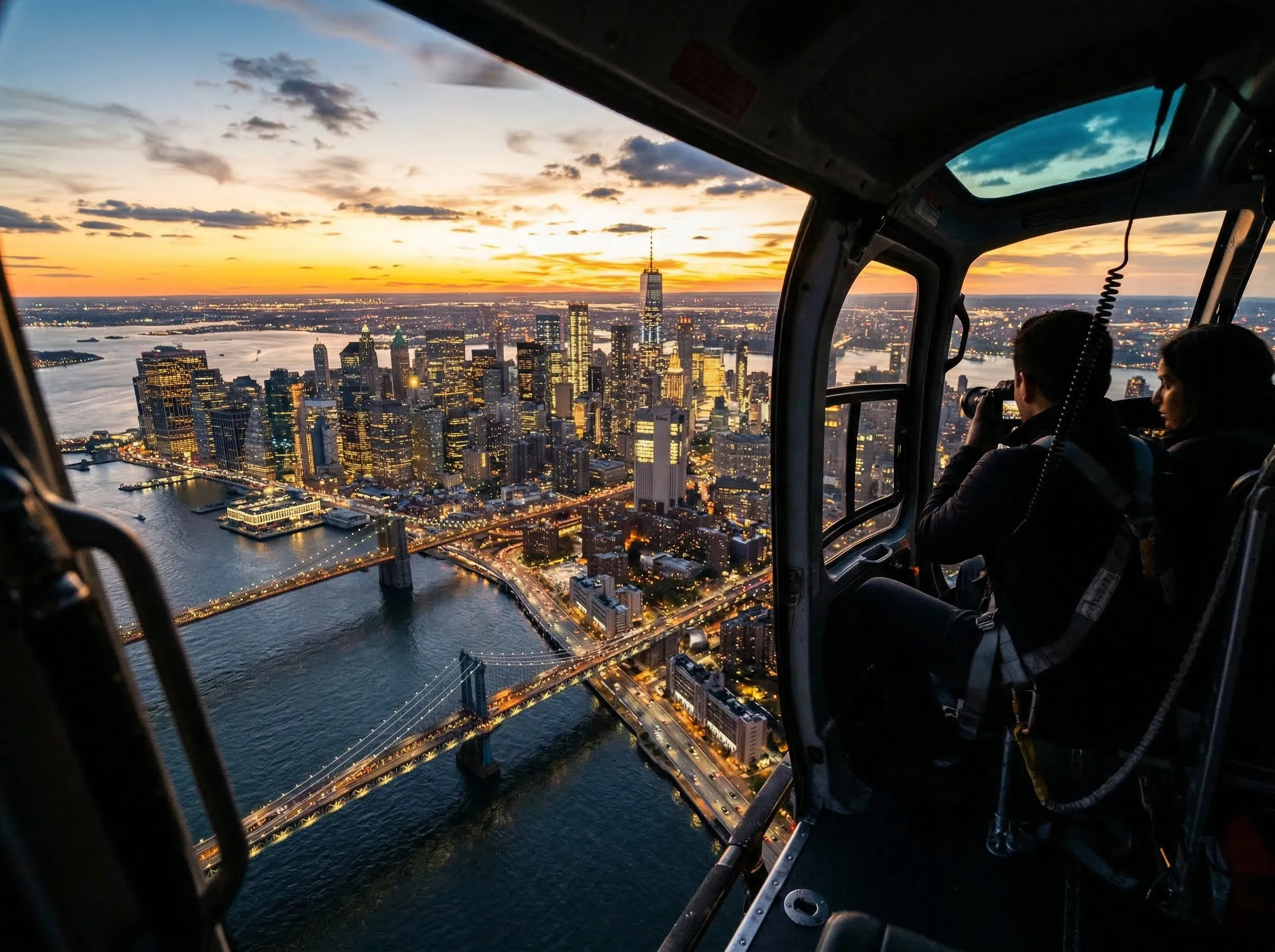 Aerial view of a glittering city skyline from inside a helicopter at sunset