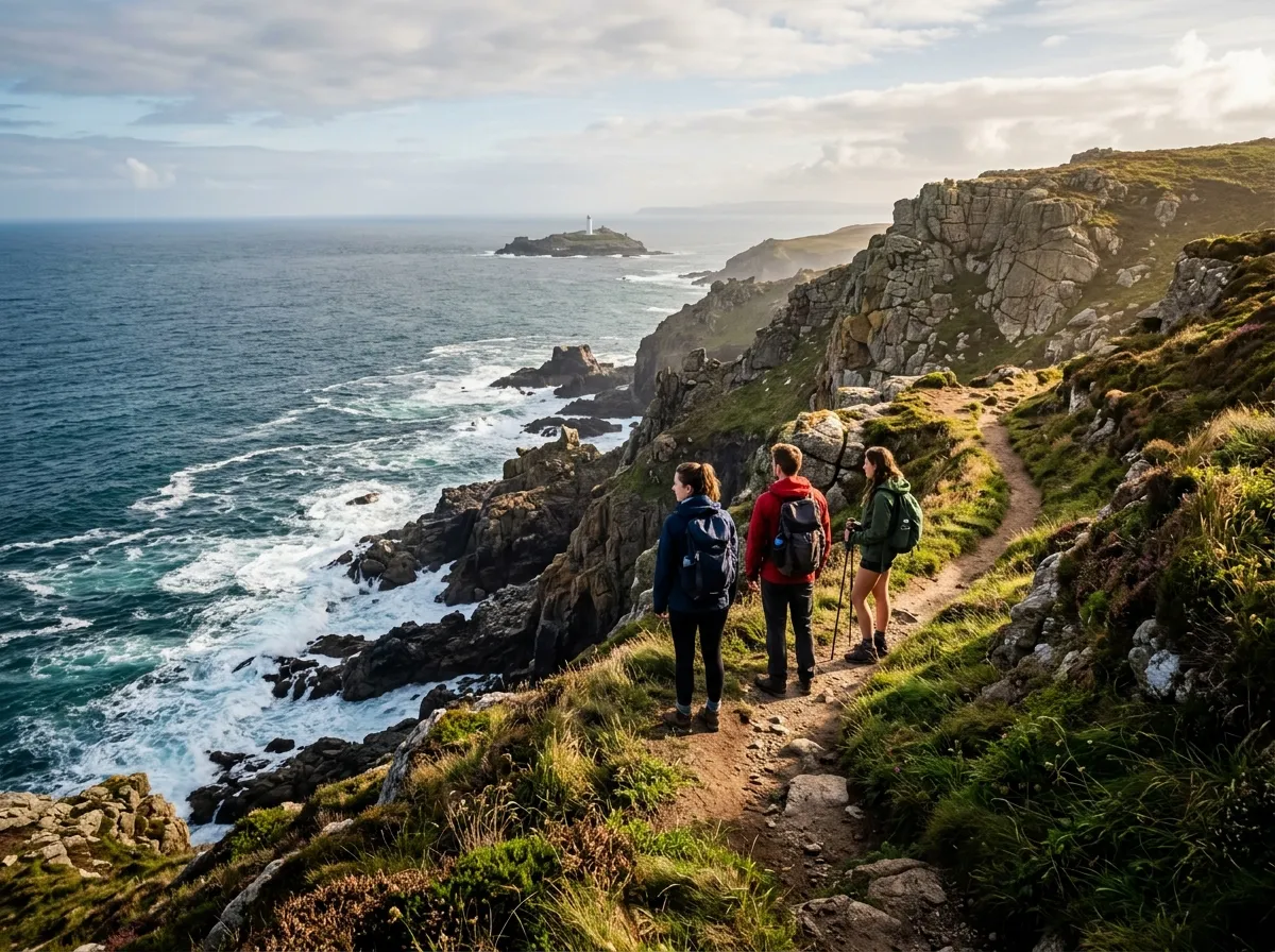 Hikers exploring dramatic sea cliffs on a coastal trek