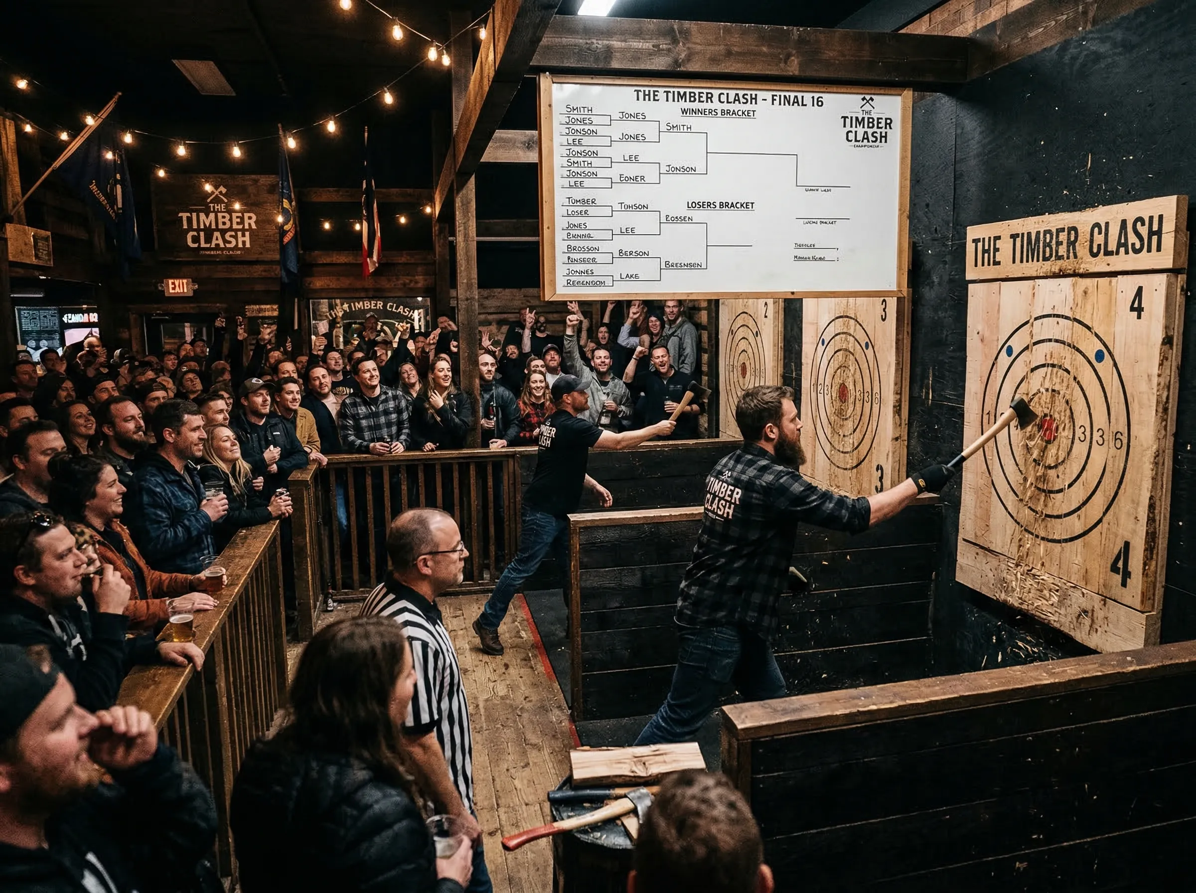 Axe throwing tournament with bracket boards and crowd