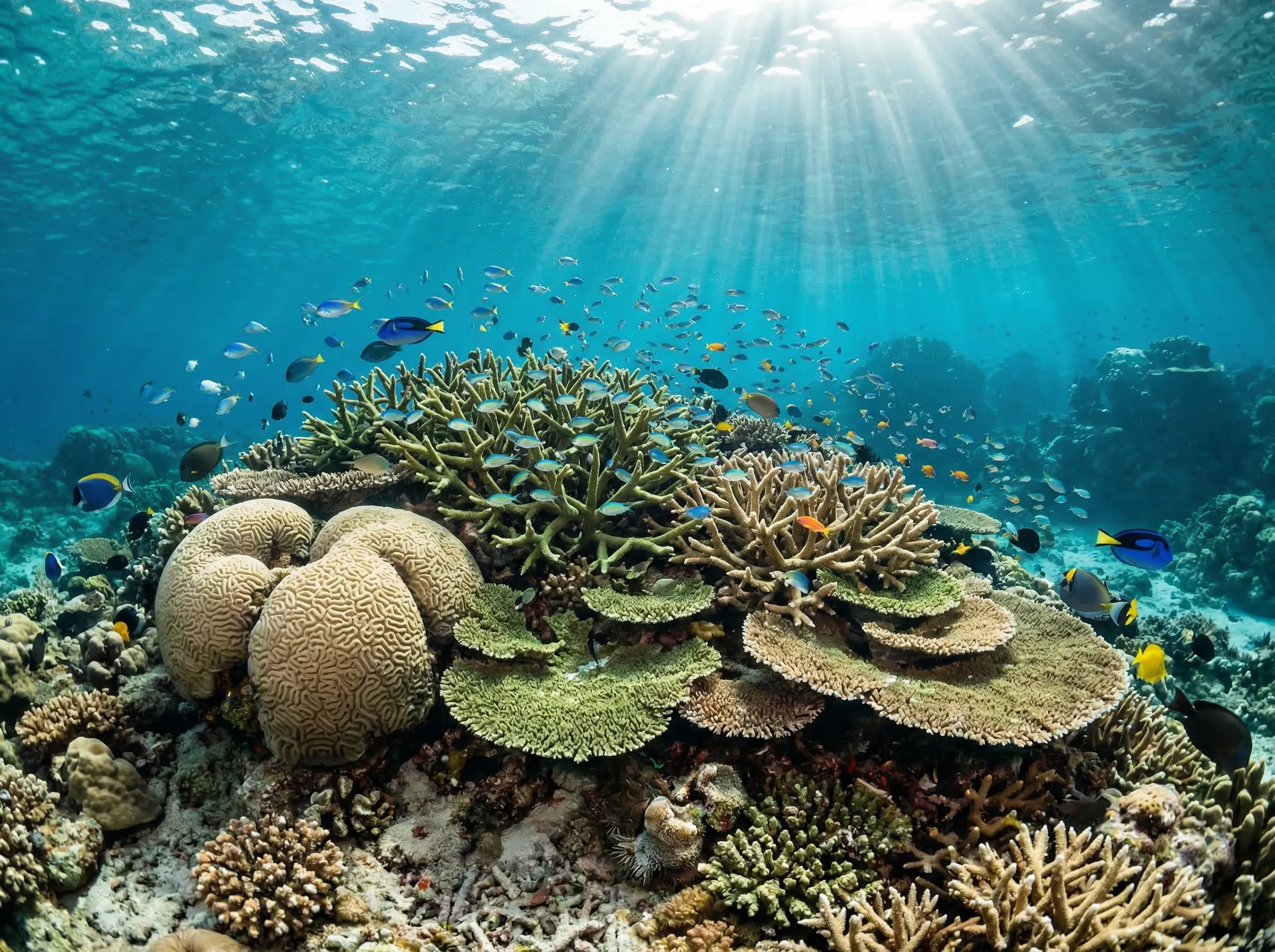 Pristine coral garden with hundreds of reef fish