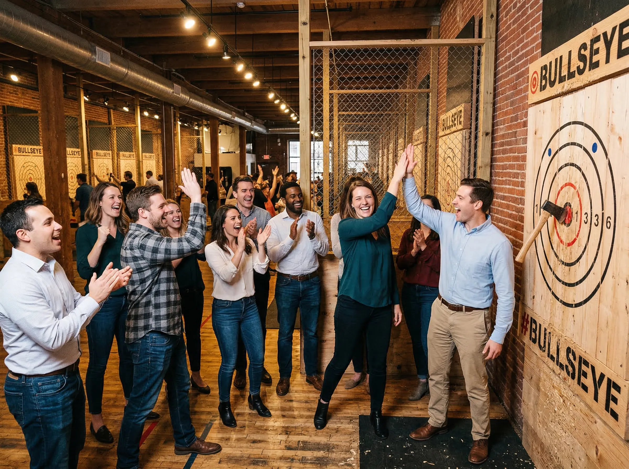 Corporate team building event at an axe throwing venue